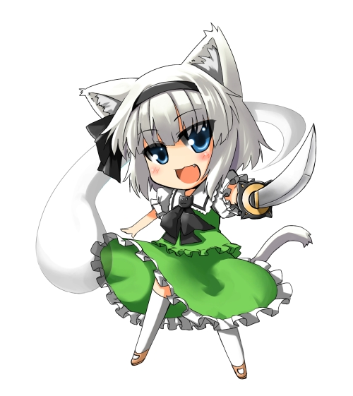 toichi, konpaku youmu, konpaku youmu (ghost), touhou, silver hair, bad id, bad pixiv id, 1girl, animal ears, blue eyes, cat ears, cat girl, cat tail, chibi, female focus, ghost, hairband, hitodama, katana, short hair, solo, sword, tail, thighhighs, weapon