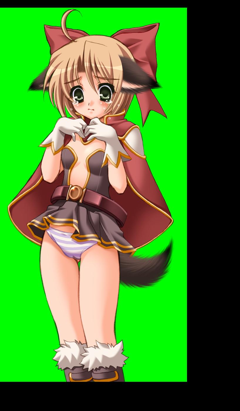 hakoiri nyanko, creator (ragnarok online), ragnarok online, highres, 1girl, ahoge, animal ears, blonde hair, blue eyes, cameltoe, dog ears, female focus, flat chest, loli, panties, short hair, solo, striped clothes, striped panties, tail, tears, underwear