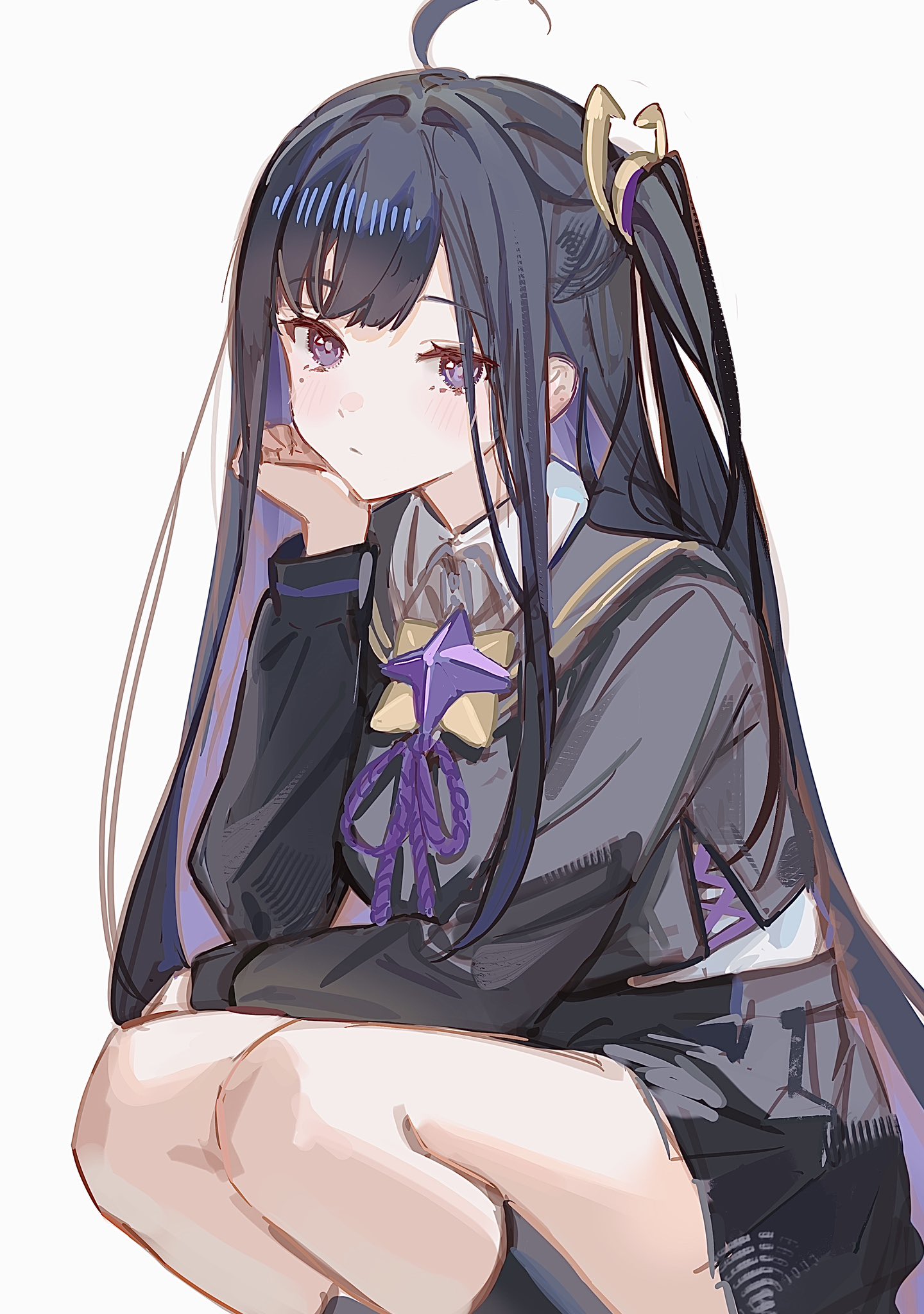 soybean (hisoybean), chitose (stella sora), stella sora, commentary, highres, 1girl, ahoge, black hair, black sailor collar, black serafuku, black shirt, black skirt, closed mouth, collared shirt, colored inner hair, dress shirt, hand on own chin, long hair, looking at viewer, miniskirt, multicolored hair, pleated skirt, purple eyes, purple hair, sailor collar, school uniform, serafuku, shirt, simple background, skirt, solo, squatting, white background, white shirt