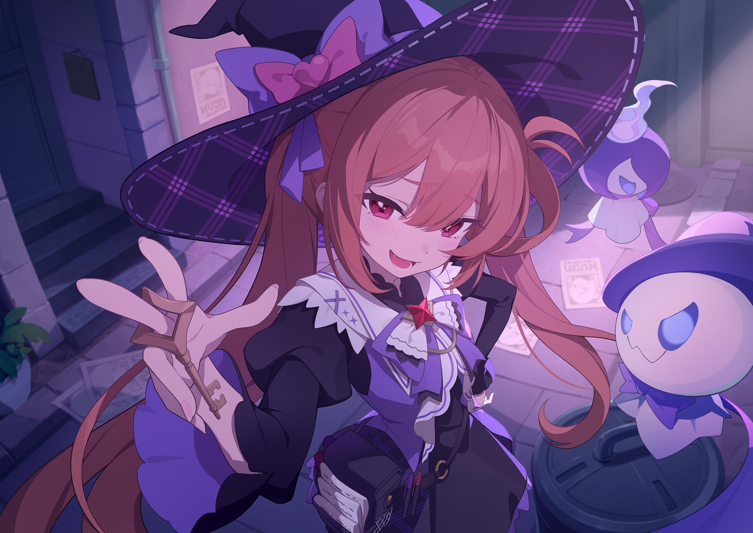 stella sora, game cg, highres, non-web source, official art, 1girl, black bag, black dress, bow, double-parted bangs, dress, fang, ghost, hat, hat bow, holding, holding key, juliet sleeves, key, long sleeves, looking at viewer, mistique (stella sora), neck ribbon, open mouth, orange hair, outdoors, pink bow, puffy sleeves, pumpka phantom (stella sora), purple bow, purple hat, purple ribbon, red eyes, ribbon, sleeveless, sleeveless dress, solo, witch hat