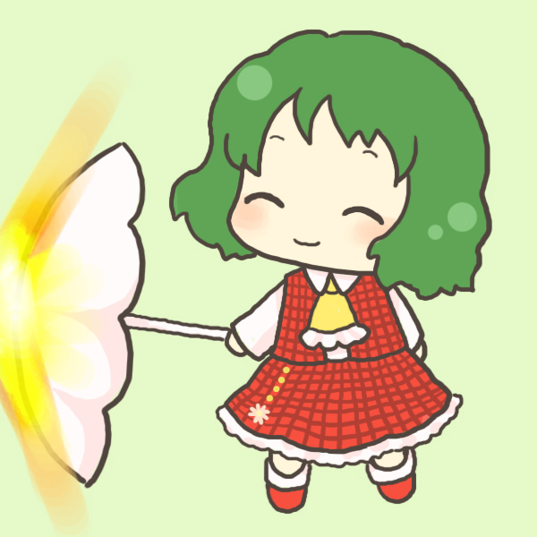 rias-shiki kawaii, kazami yuuka, touhou, bad id, bad pixiv id, 1girl, ascot, chibi, closed eyes, female focus, green background, green hair, parasol, plaid clothes, plaid skirt, plaid vest, short hair, simple background, skirt, skirt set, smile, solo, umbrella, vest