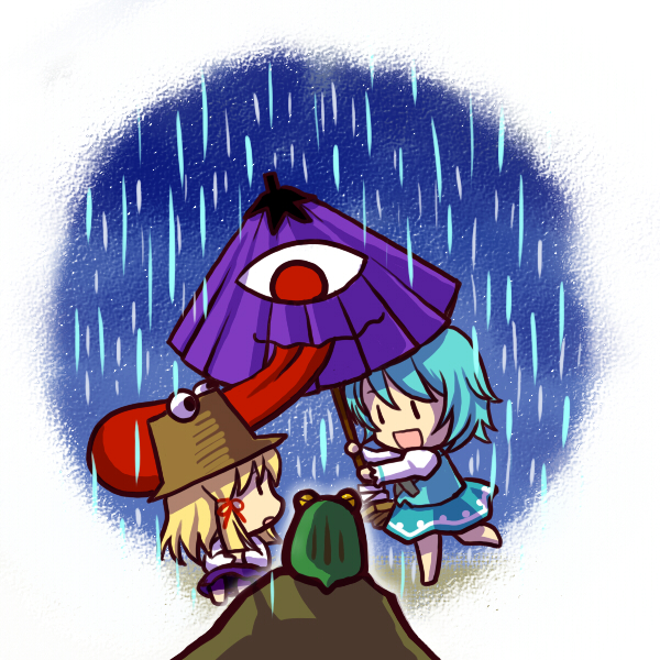 socha, moriya suwako, tatara kogasa, touhou, 2girls, blonde hair, blue hair, chibi, female focus, frog, geta, hat, karakasa obake, multiple girls, oil-paper umbrella, rain, simple background, tongue, umbrella