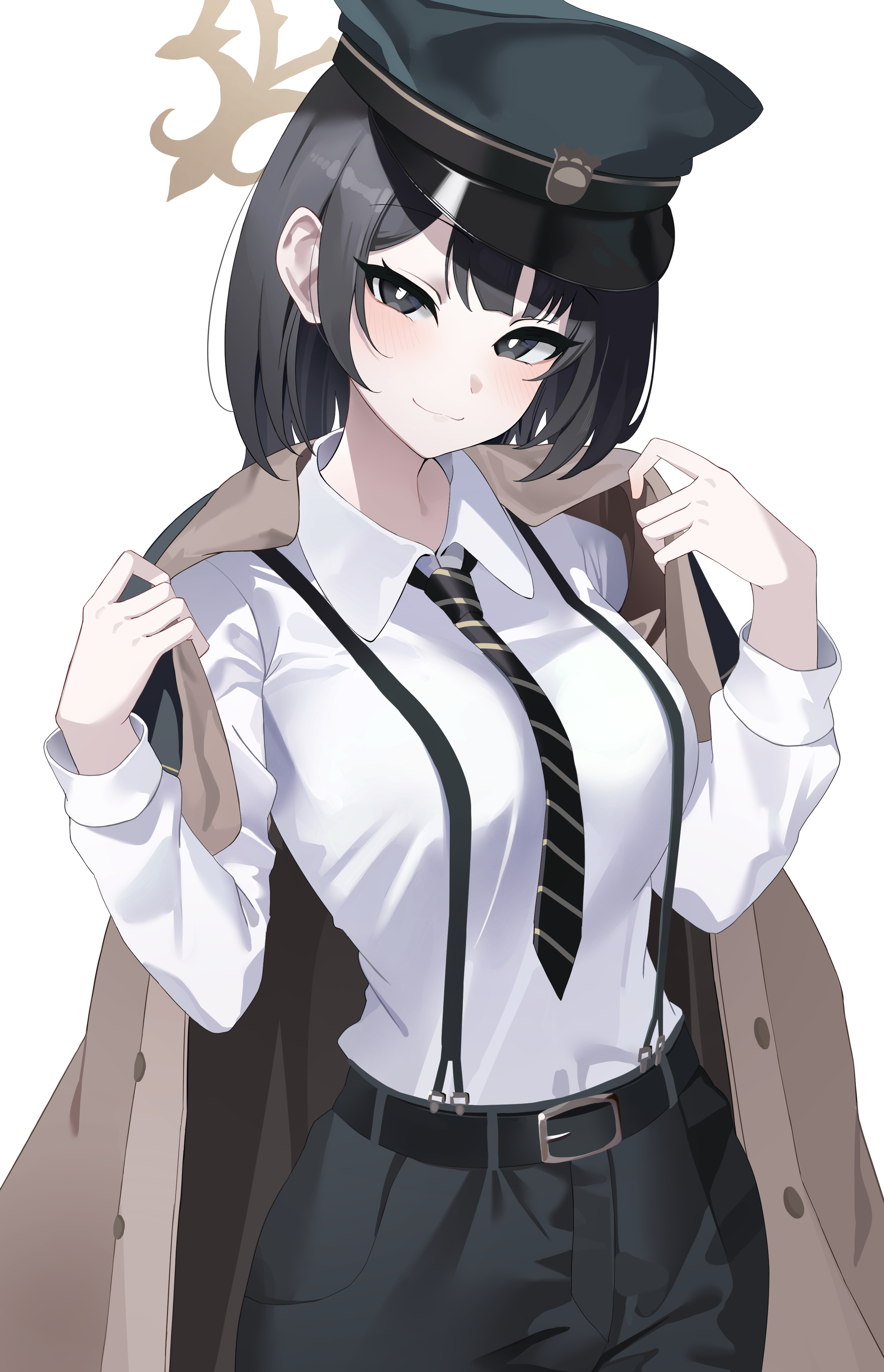 jbell, hiromi (blue archive), blue archive, absurdres, highres, 1girl, black eyes, black hair, black necktie, black pants, blush, breasts, brown coat, brown halo, closed mouth, coat, coat on shoulders, collared shirt, diagonal-striped clothes, diagonal-striped necktie, green hat, halo, hat, large breasts, looking at viewer, necktie, pants, peaked cap, shirt, short hair, sidelocks, smile, solo, striped clothes, suspenders, white shirt