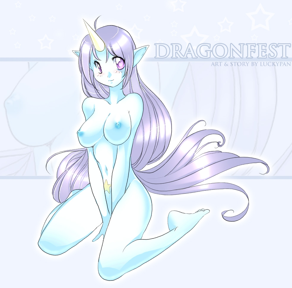 1girl, blue skin, breasts, colored skin, female focus, horns, long hair, monster girl, nipples, nude, pointy ears, purple eyes, purple hair, single horn, solo, star (symbol)