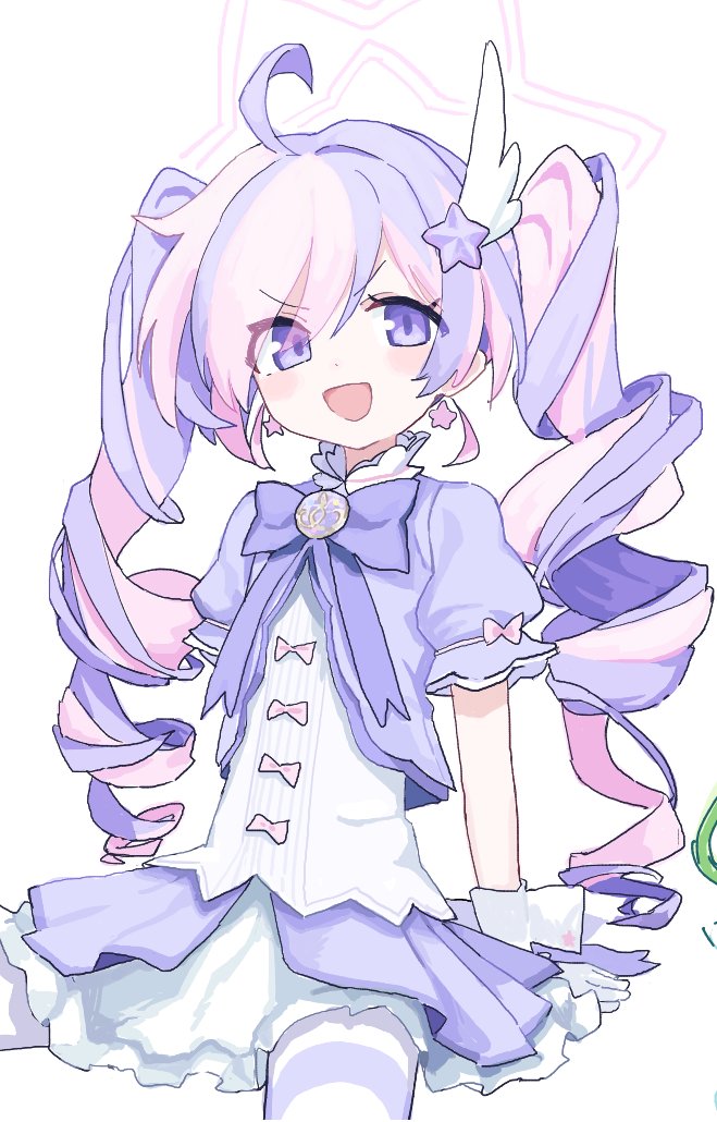 rihitonn, reisa (blue archive), reisa (magical) (blue archive), blue archive, 1girl, ahoge, blush, bow, bowtie, drill hair, earrings, gloves, hair ornament, halo, jacket, jewelry, long hair, looking at viewer, multicolored hair, open mouth, pantyhose, pink hair, puffy short sleeves, puffy sleeves, purple bow, purple bowtie, purple eyes, purple hair, purple jacket, purple skirt, shirt, short sleeves, simple background, sitting, skirt, smile, solo, star (symbol), star earrings, star hair ornament, streaked hair, striped clothes, striped pantyhose, twintails, two-tone hair, v-shaped eyebrows, white background