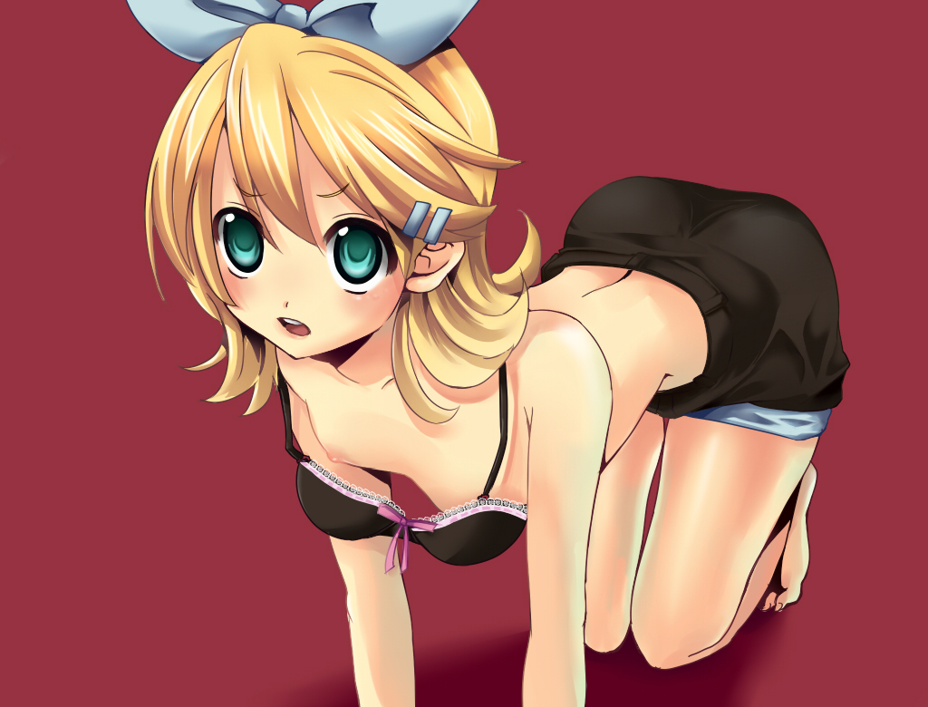 freckle, furekuru (freckle), kagamine rin, vocaloid, bad id, bad pixiv id, 1girl, all fours, aqua eyes, ass, bare shoulders, barefoot, blonde hair, blush, bra, breasts, brown background, downblouse, feet, female focus, flat chest, hair ornament, hairclip, lingerie, nipple slip, nipples, open mouth, ribbon, short hair, shorts, solo, toes, underwear