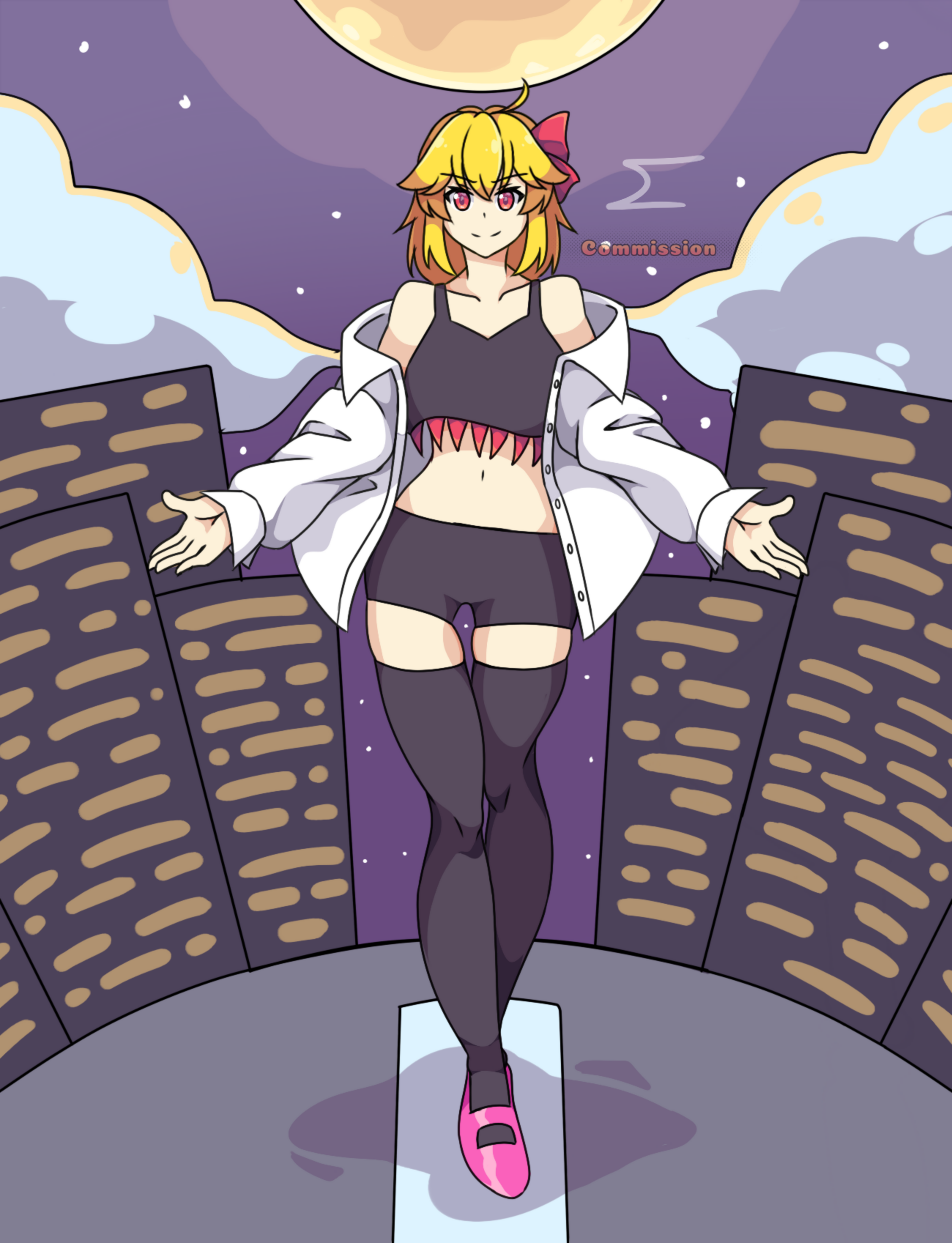 neferkitty, rumia, touhou, absurdres, commentary, commission, english commentary, highres, 1girl, aged up, ahoge, alternate costume, bare shoulders, black shorts, black tank top, black thighhighs, blonde hair, boots, bow, cityscape, cloud, cloudy sky, collarbone, crop top, english text, flat chest, full moon, hair between eyes, hair bow, hands up, looking at viewer, medium hair, midriff, moon, navel, night, night sky, off-shoulder shirt, off shoulder, pink boots, red bow, red eyes, shirt, short shorts, shorts, signature, skindentation, sky, solo, standing, star (sky), starry sky, straight-on, tank top, thighhighs, walking, zettai ryouiki
