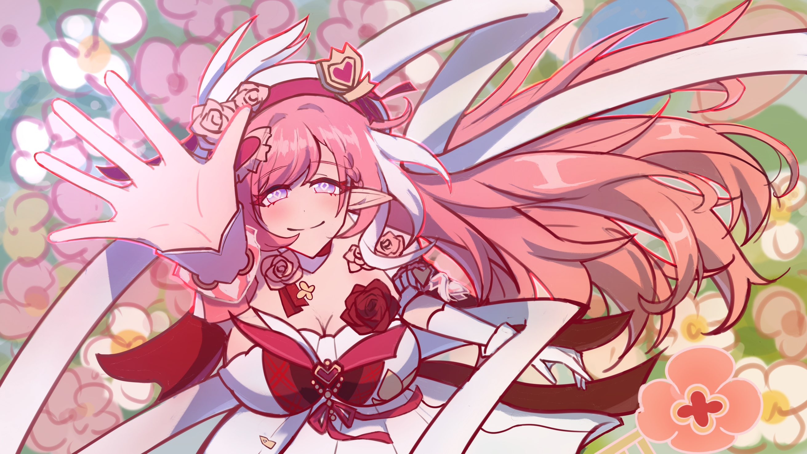 elysia (hi love elf) (honkai impact), elysia (honkai impact), honkai (series), honkai impact 3rd, commentary, highres, 1girl, beret, breasts, cleavage, diamond-shaped pupils, diamond (shape), dress, elf, field, flower, flower field, from above, gigin335, hat, large breasts, long hair, pink hair, pointy ears, purple eyes, reaching, reaching towards viewer, red dress, smile, solo, symbol-shaped pupils, two-tone dress, very long hair, white dress, white hair