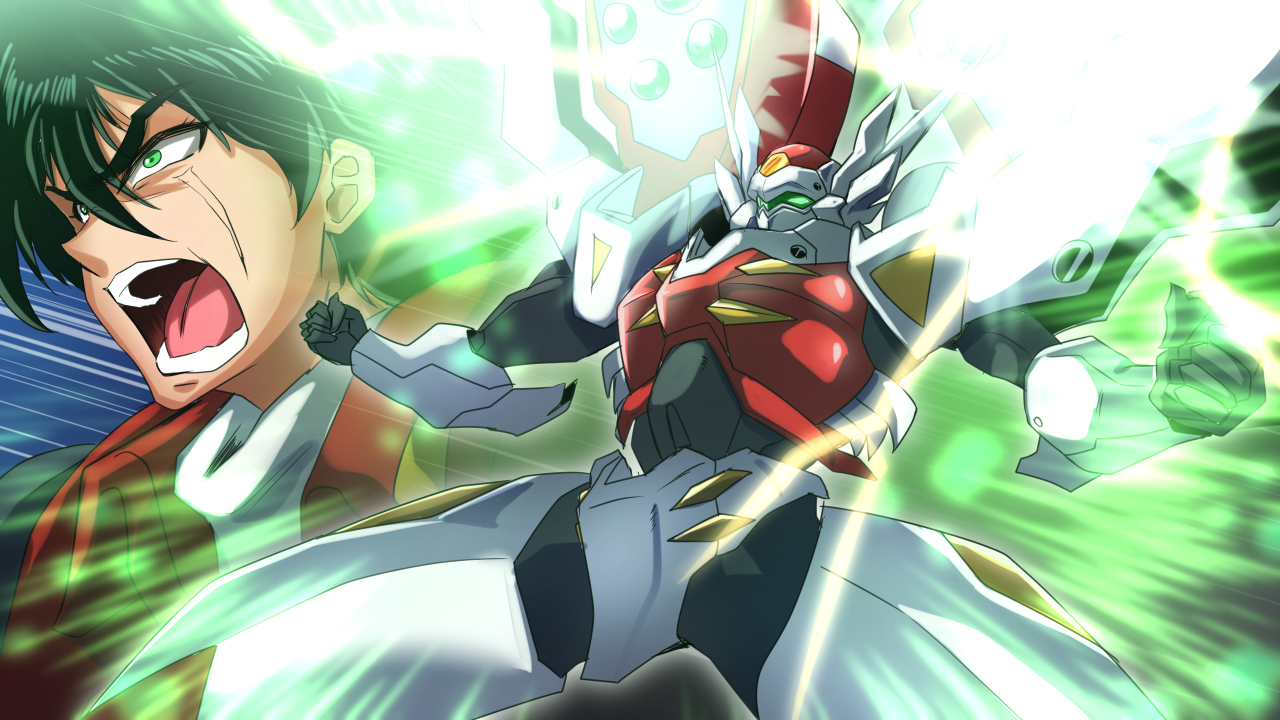 shimazu kaname, morikawa toshiyuki, tekkaman blade, 1990s (style), 1boy, armor, glowing, mecha, power armor, power suit, retro artstyle, robot, science fiction, simple background, solo, standing, tekkaman blade (character), weapon