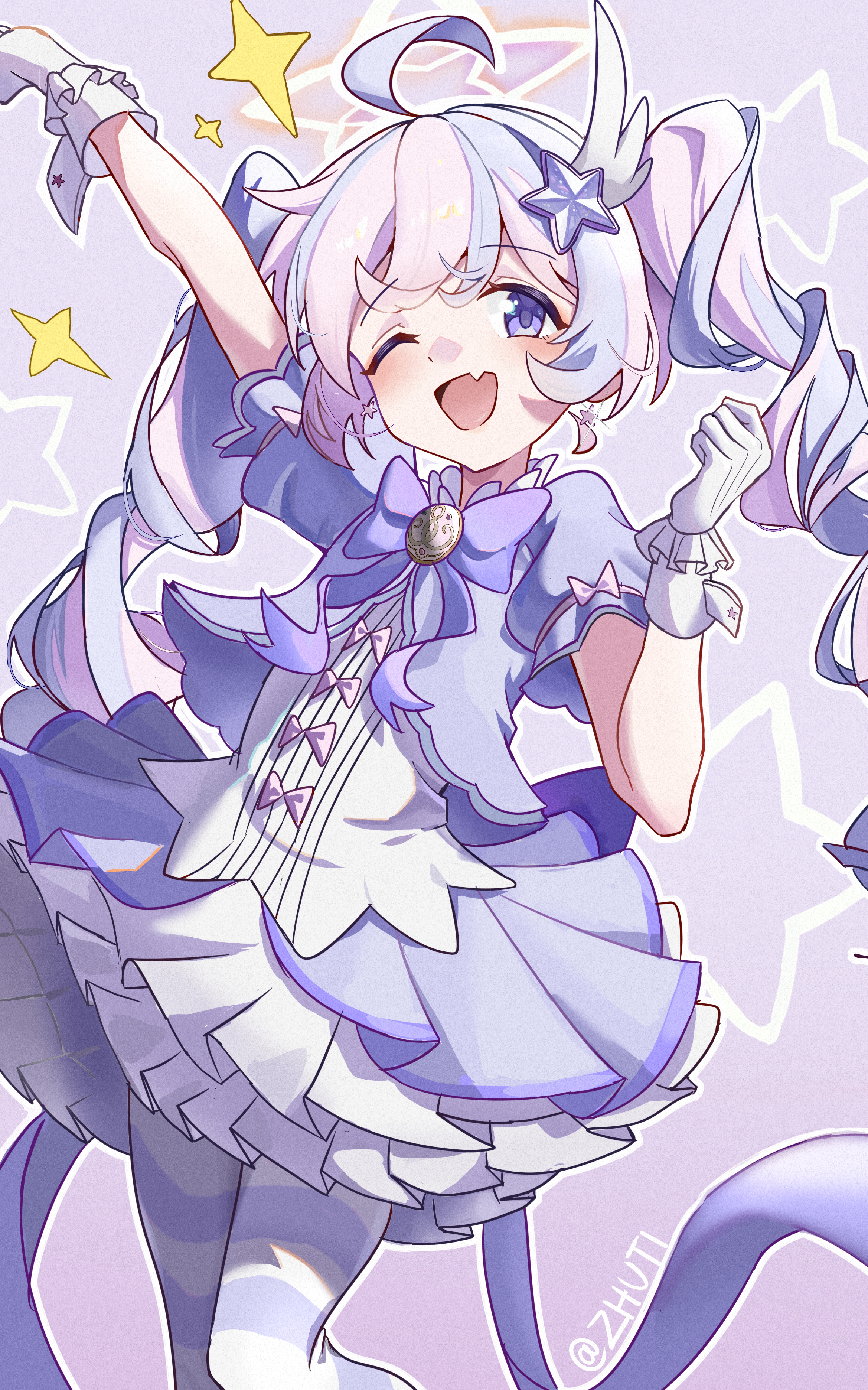 zhuti483486, reisa (blue archive), reisa (magical) (blue archive), blue archive, absurdres, chinese commentary, commentary request, highres, 1girl, ;d, ahoge, arm up, blue hair, blush, bow, bowtie, braid, clenched hands, cowboy shot, dress, dress bow, earrings, fang, frilled dress, frilled gloves, frills, glint, gloves, hair between eyes, hair ornament, halo, hand up, happy, jewelry, long hair, long ribbon, looking at viewer, magical girl, multicolored hair, official alternate costume, official alternate hairstyle, one eye closed, open mouth, outline, pantyhose, petticoat, pink hair, plaid clothes, plaid skirt, purple background, purple bow, purple bowtie, purple dress, purple eyes, purple ribbon, ribbon, simple background, skin fang, skirt, smile, solo, sparkle, star (symbol), star earrings, star hair ornament, star halo, star symbol background, streaked hair, striped clothes, striped pantyhose, twin braids, twintails, twitter username, two-tone hair, very long hair, white outline, white wrist cuffs, wrist cuffs