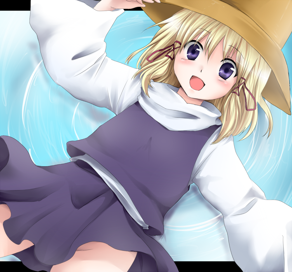marimo danshaku, msan, moriya suwako, touhou, bad id, bad pixiv id, 1girl, :d, blonde hair, female focus, hat, no panties, open mouth, outstretched arms, purple eyes, smile, solo, spread arms
