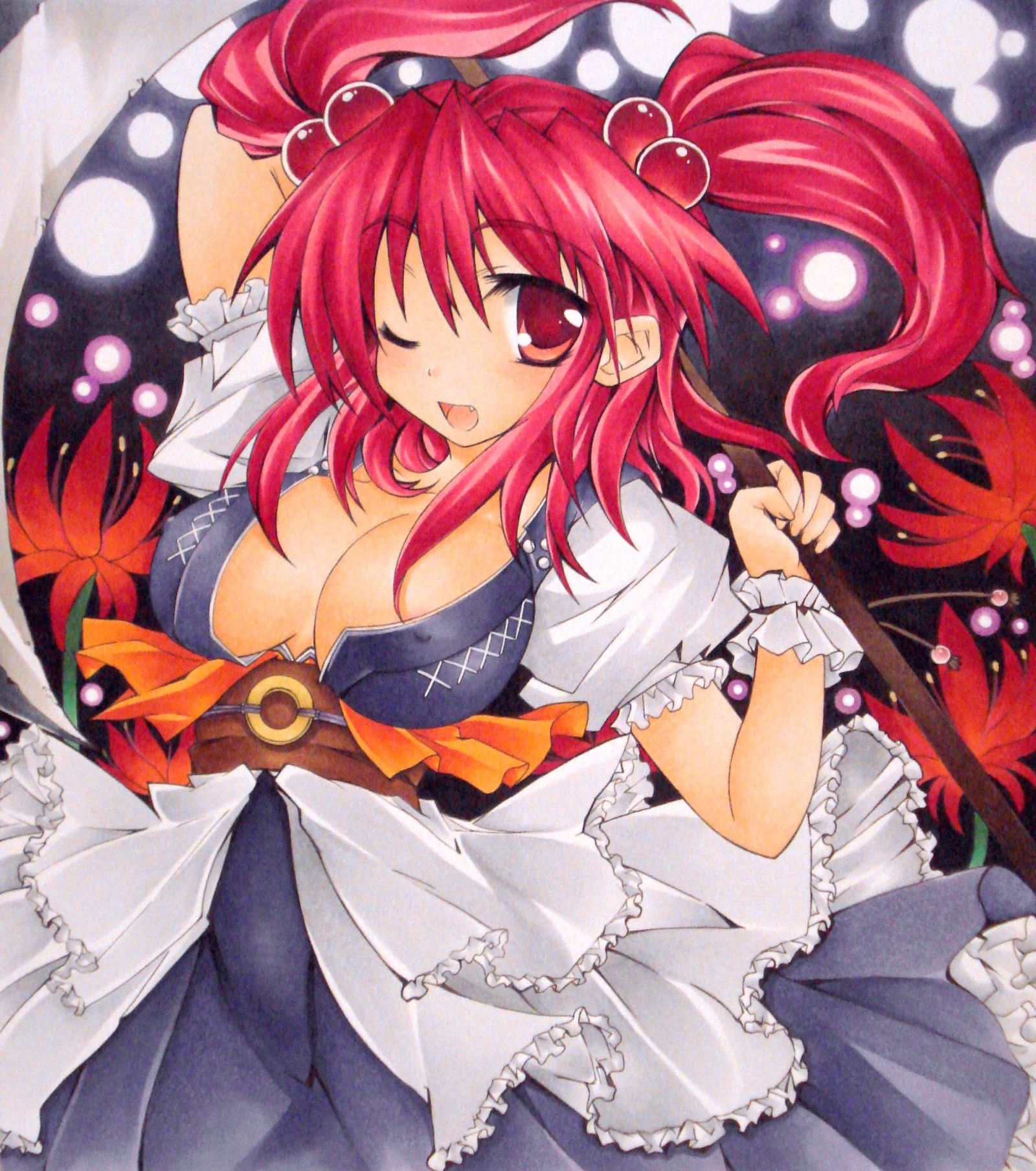 yuki tsuki sou, yukitsuki kokoro, onozuka komachi, touhou, bad id, bad pixiv id, highres, traditional media, 1girl, breasts, covered erect nipples, fang, female focus, flower, hair bobbles, hair ornament, large breasts, one eye closed, red eyes, red flower, red hair, scythe, shikishi, solo, spider lily, twintails, two side up, wink