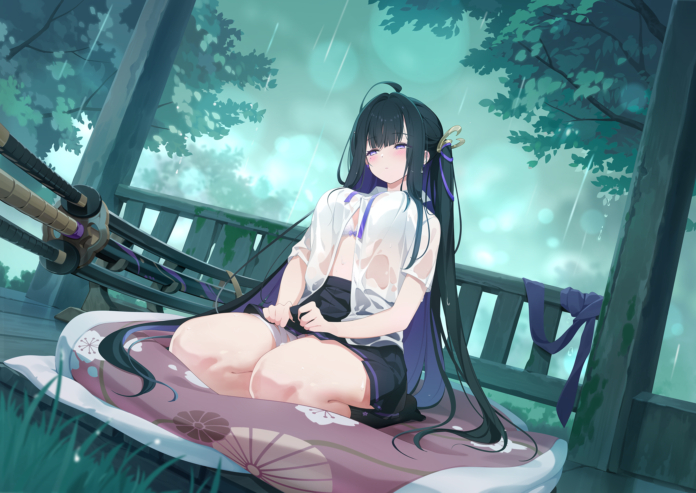 chitose (stella sora), stella sora, on blanket, game cg, highres, non-web source, official art, 1girl, ahoge, bandaged leg, bandages, black hair, black skirt, black socks, bow, bow bra, bra, breasts, cleavage, colored inner hair, dutch angle, full body, half-closed eyes, katana, large breasts, long hair, long sidelocks, looking to the side, miniskirt, mole, mole under eye, moss, multicolored hair, neck ribbon, one side up, open clothes, open shirt, outdoors, pleated skirt, purple bow, purple eyes, purple hair, purple ribbon, rain, ribbon, see-through clothes, see-through shirt, seiza, shirt, sidelocks, sitting, skirt, socks, solo, sword, underwear, undone neck ribbon, very long hair, very long sidelocks, weapon, weapon rack, wet, wet clothes, wet shirt, white bra, white shirt