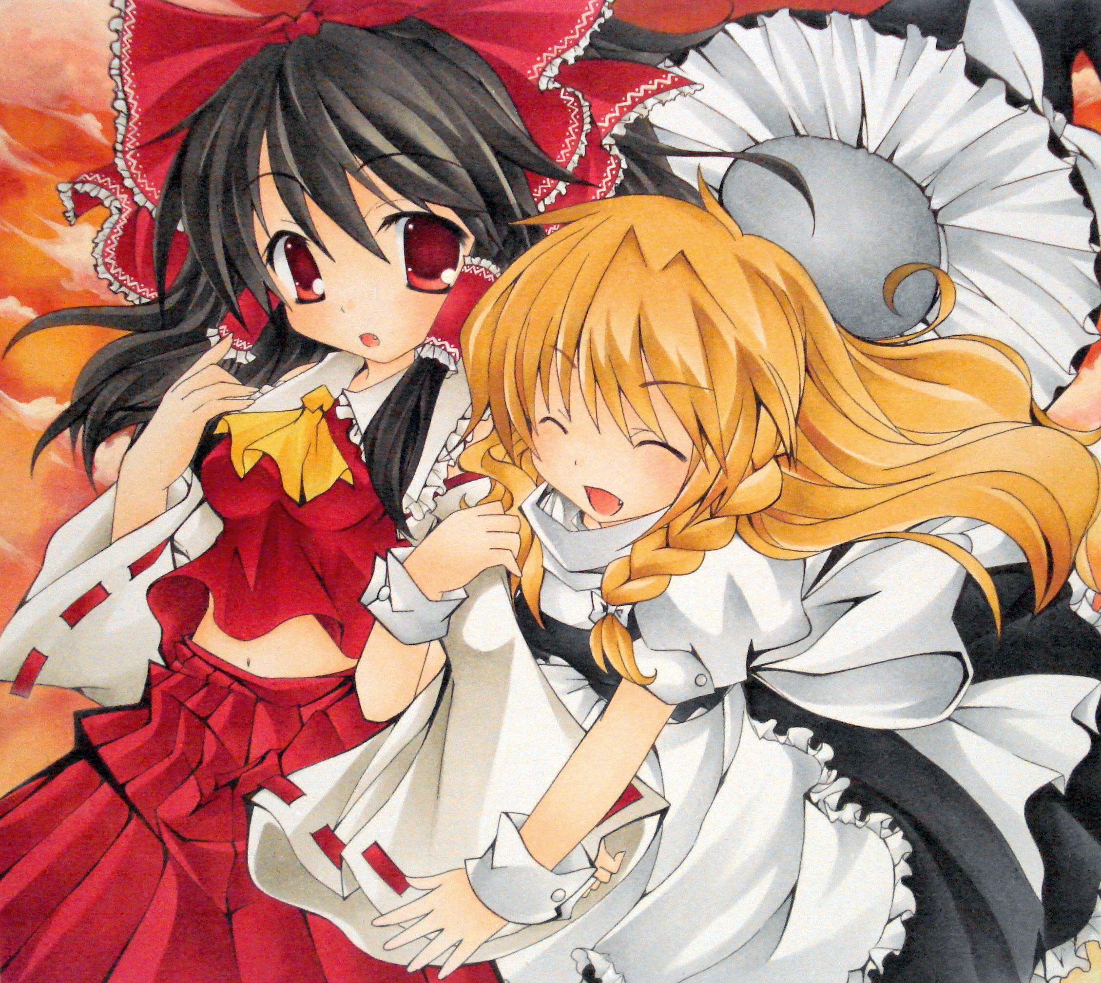 yuki tsuki sou, yukitsuki kokoro, hakurei reimu, kirisame marisa, touhou, arm grab, bad id, bad pixiv id, highres, traditional media, 2girls, black hair, blonde hair, braid, closed eyes, detached sleeves, fang, female focus, hat, japanese clothes, long hair, midriff, miko, multiple girls, open mouth, red eyes, shikishi, smile, twin braids, unworn hat, unworn headwear, witch, witch hat