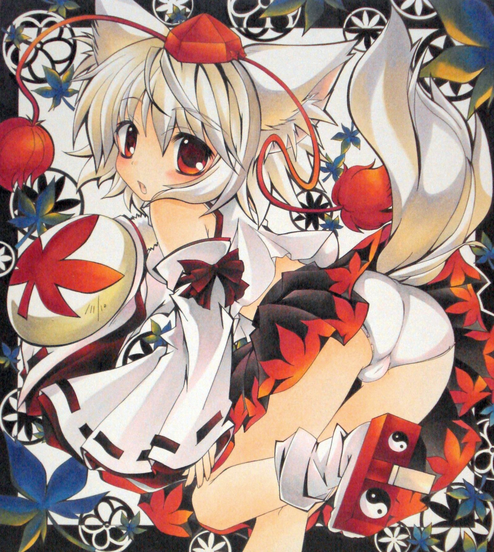 yuki tsuki sou, yukitsuki kokoro, inubashiri momiji, touhou, bad id, bad pixiv id, highres, jpeg artifacts, traditional media, 1girl, animal ears, ass, detached sleeves, fang, female focus, geta, hat, looking back, panties, pantyshot, red eyes, shield, shikishi, short hair, solo, tail, tengu-geta, tokin hat, underwear, white hair, wolf ears, wolf tail