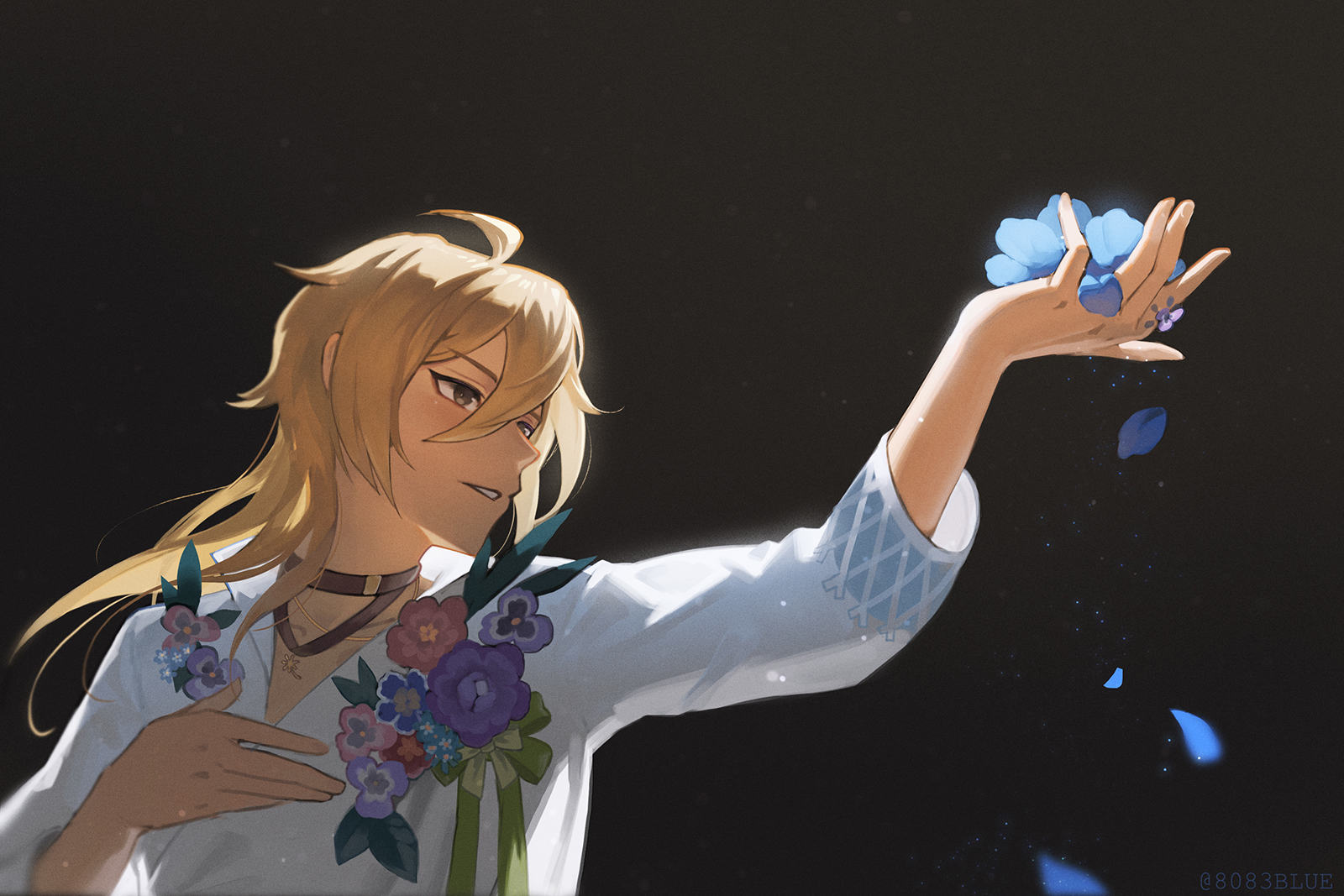 8083 blue, hakaze kaoru, ensemble stars!, commentary request, highres, 1boy, black background, brown eyes, falling petals, flower, hair between eyes, holding, holding flower, long hair, looking ahead, male focus, parted lips, petals, shirt, solo, upper body, white shirt