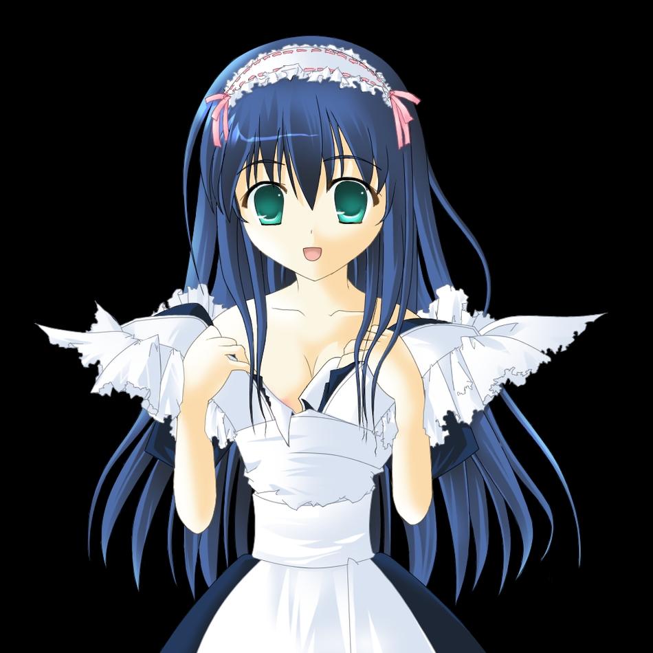 ayase mai (jelly^2 fish), alice (ragnarok online), ragnarok online, 1girl, apron, blue hair, breasts, cleavage, female focus, green eyes, laughing, long hair, maid, maid apron, maid headdress, medium breasts, solo, undressing