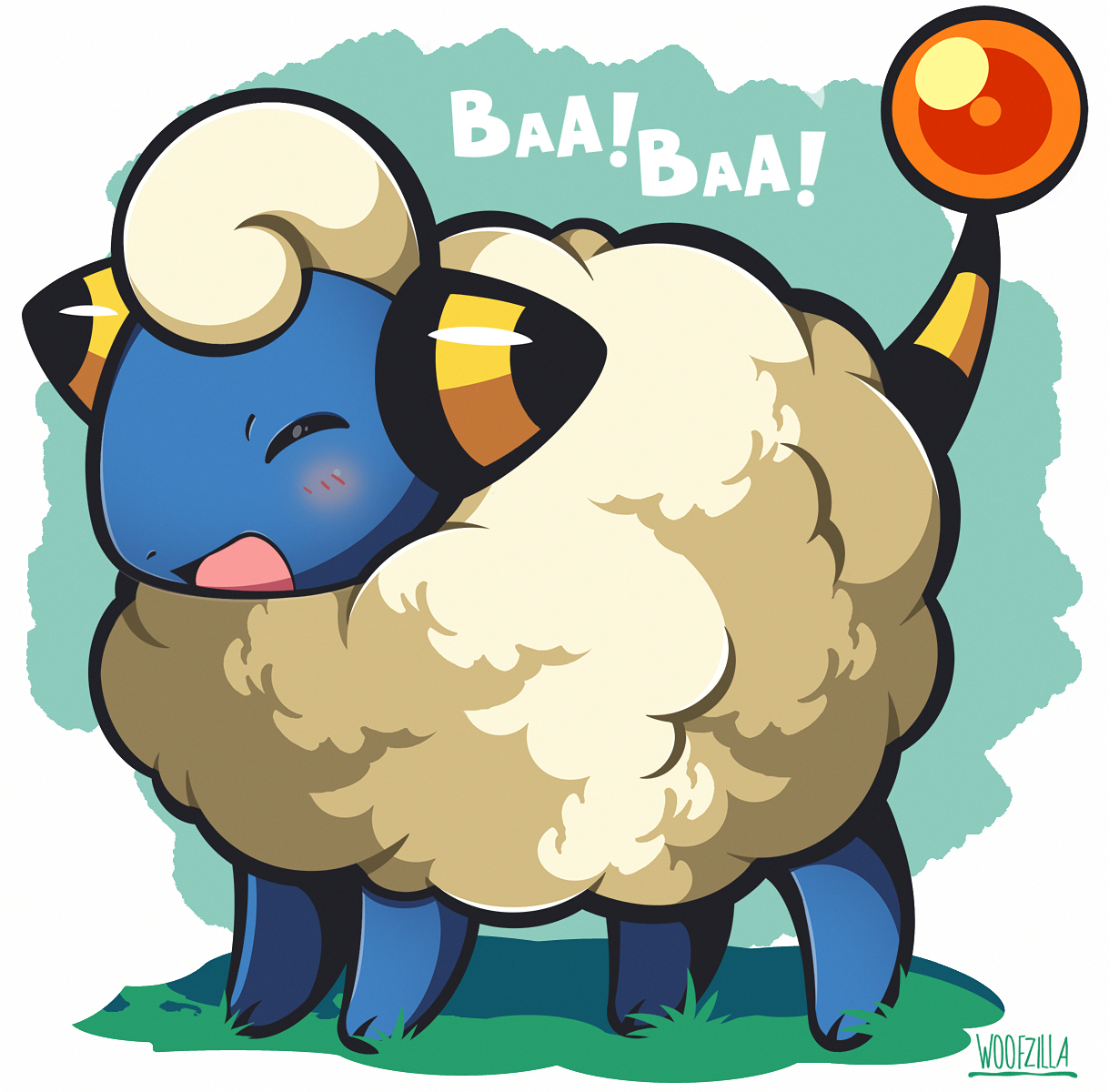 woofzilla, mareep, nintendo, pokemon, commentary, english commentary, highres, blush, closed eyes, full body, gen 2 pokemon, happy, no humans, open mouth, pokemon (creature), sheep, signature, simple background, solo, sound effects, standing, white background