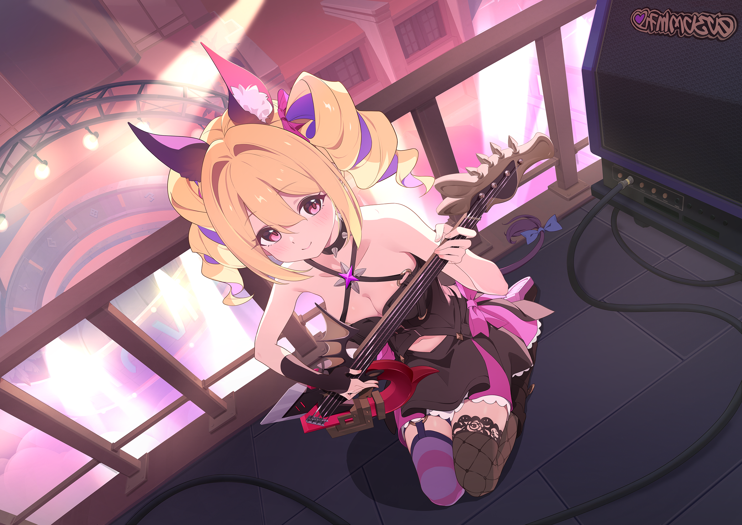 stella sora, game cg, highres, non-web source, official art, 1girl, amplifier, bare shoulders, bass guitar, black boots, black shirt, black skirt, black thighhighs, blonde hair, boots, breasts, caramel (stella sora), cleavage, collarbone, criss-cross halter, drill hair, hair intakes, halter shirt, halterneck, holding, holding bass guitar, holding instrument, instrument, lace, lace-trimmed thighhighs, lace trim, large breasts, looking at viewer, mismatched thighhighs, multicolored hair, pink eyes, purple thighhighs, seiza, shirt, sitting, skirt, sleeveless, sleeveless shirt, solo, streaked hair, striped clothes, striped thighhighs, thighhighs, twin drills