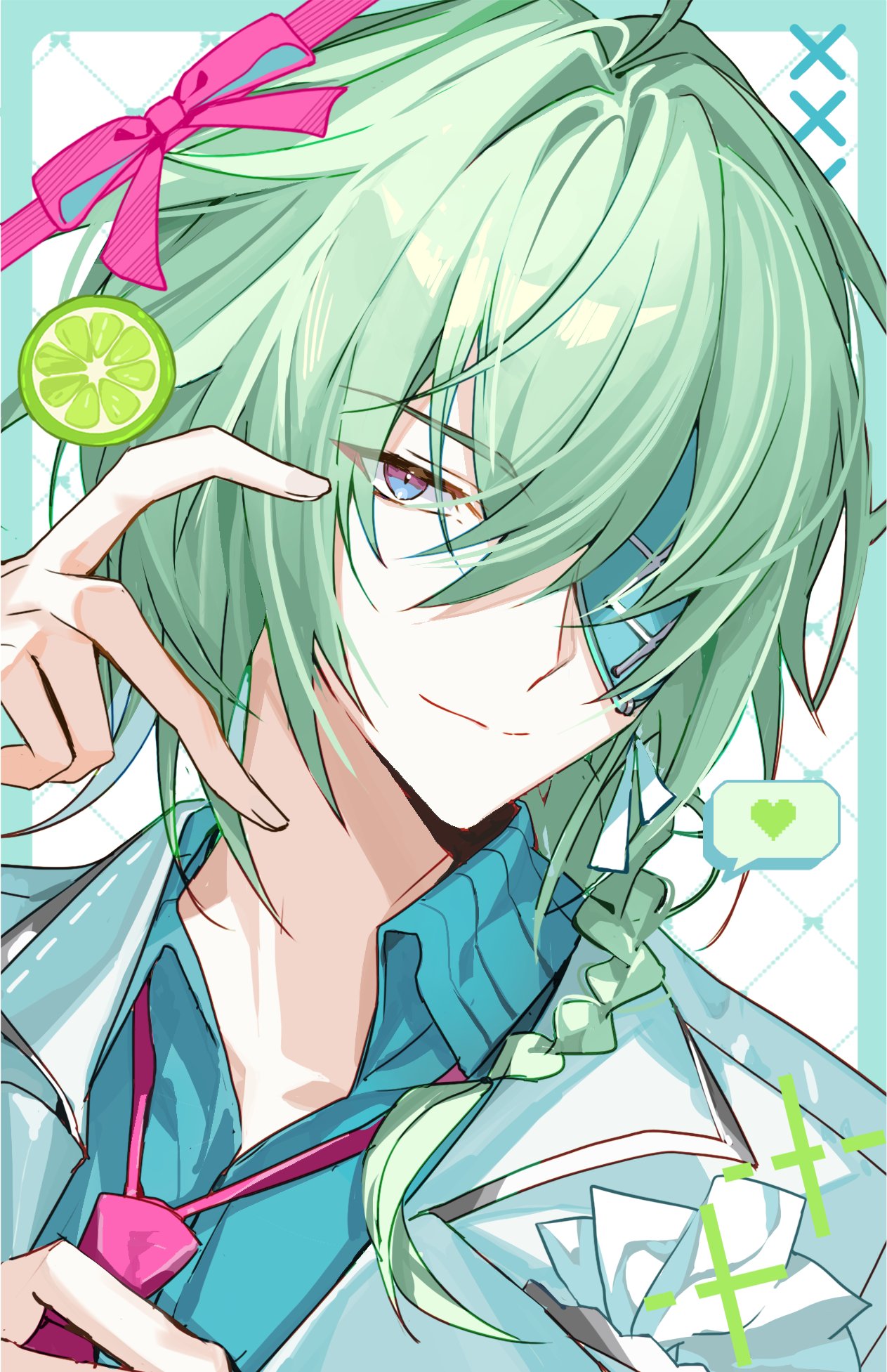 b soyo1, anaxa (honkai: star rail), honkai: star rail, honkai (series), commentary, hashtag-only commentary, highres, 1boy, blue eyes, border, braid, closed mouth, collared shirt, eyepatch, food, fruit, green border, green hair, green shirt, hair between eyes, hand up, heart, jacket, lime (fruit), lime slice, long hair, looking at viewer, male focus, necktie, open clothes, open jacket, outside border, pink necktie, pink ribbon, portrait, ribbon, shirt, single braid, smile, solo, white jacket
