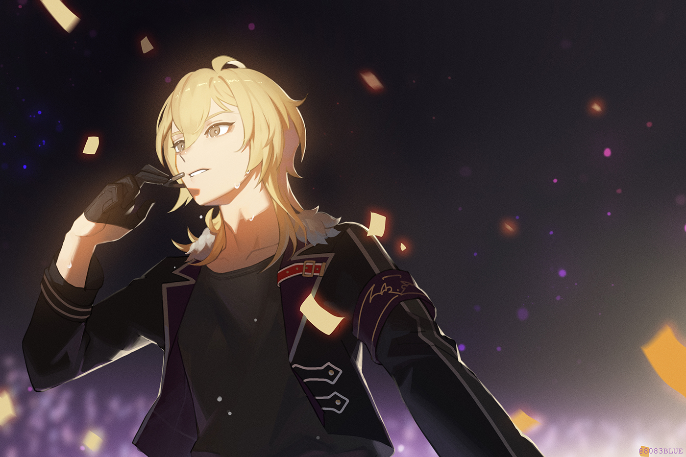 8083 blue, hakaze kaoru, ensemble stars!, commentary request, 1boy, adam's apple, black background, black gloves, black jacket, black shirt, blonde hair, brown eyes, collarbone, confetti, gloves, headset, jacket, long sleeves, looking ahead, male focus, music, shirt, singing, solo, sweat, upper body