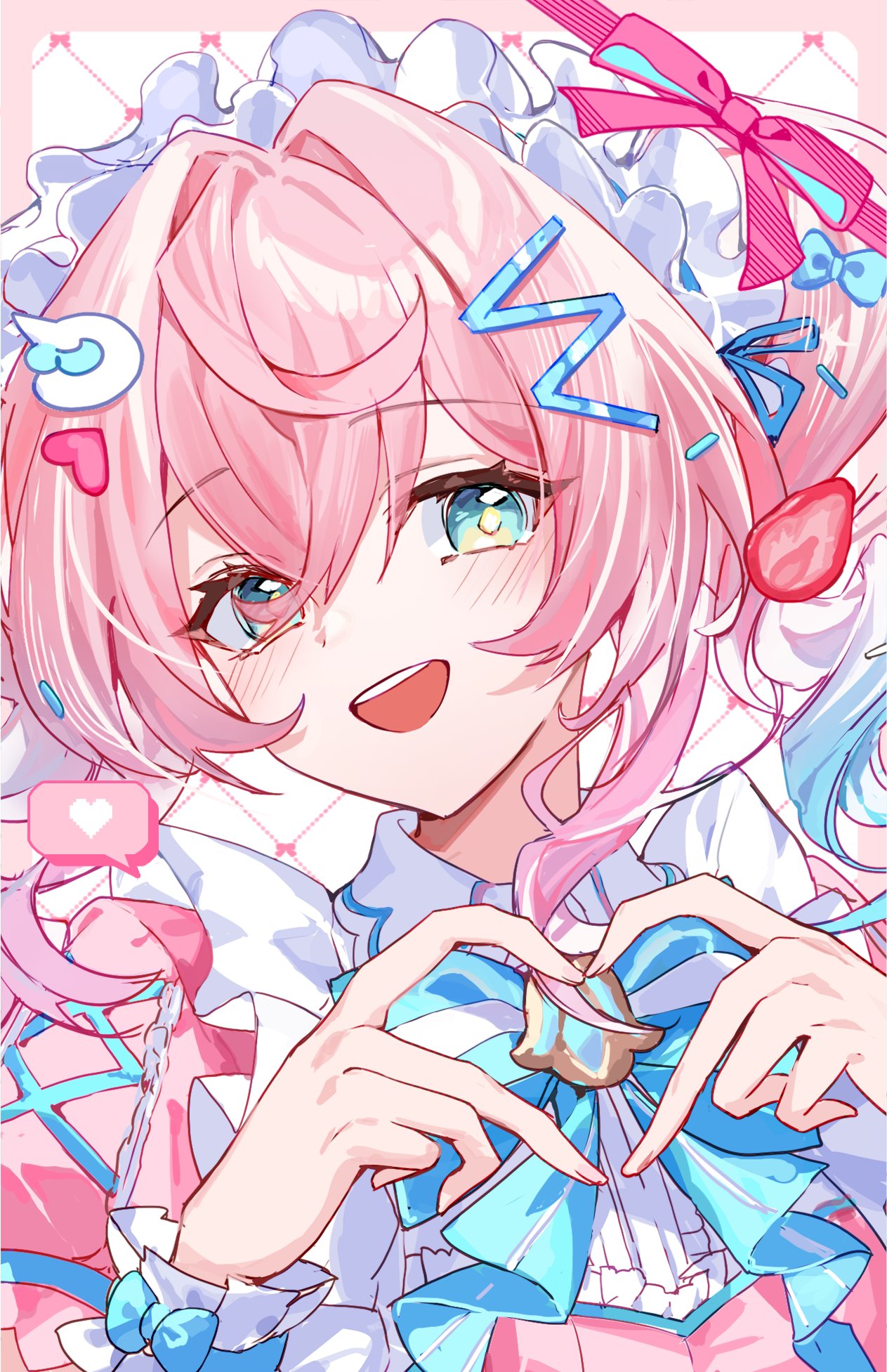 b soyo1, hyacine (honkai: star rail), honkai: star rail, honkai (series), commentary, hashtag-only commentary, highres, 1girl, :d, blue bow, blue bowtie, blue eyes, blush, border, bow, bowtie, double-parted bangs, food, four-finger heart hands, fruit, hair between eyes, hairband, heart, heart hands, long hair, looking at viewer, open mouth, outside border, pink border, pink hair, pink shirt, portrait, shirt, smile, solo, strawberry, striped bow, striped bowtie, striped clothes, white background, white hairband, wrist cuffs