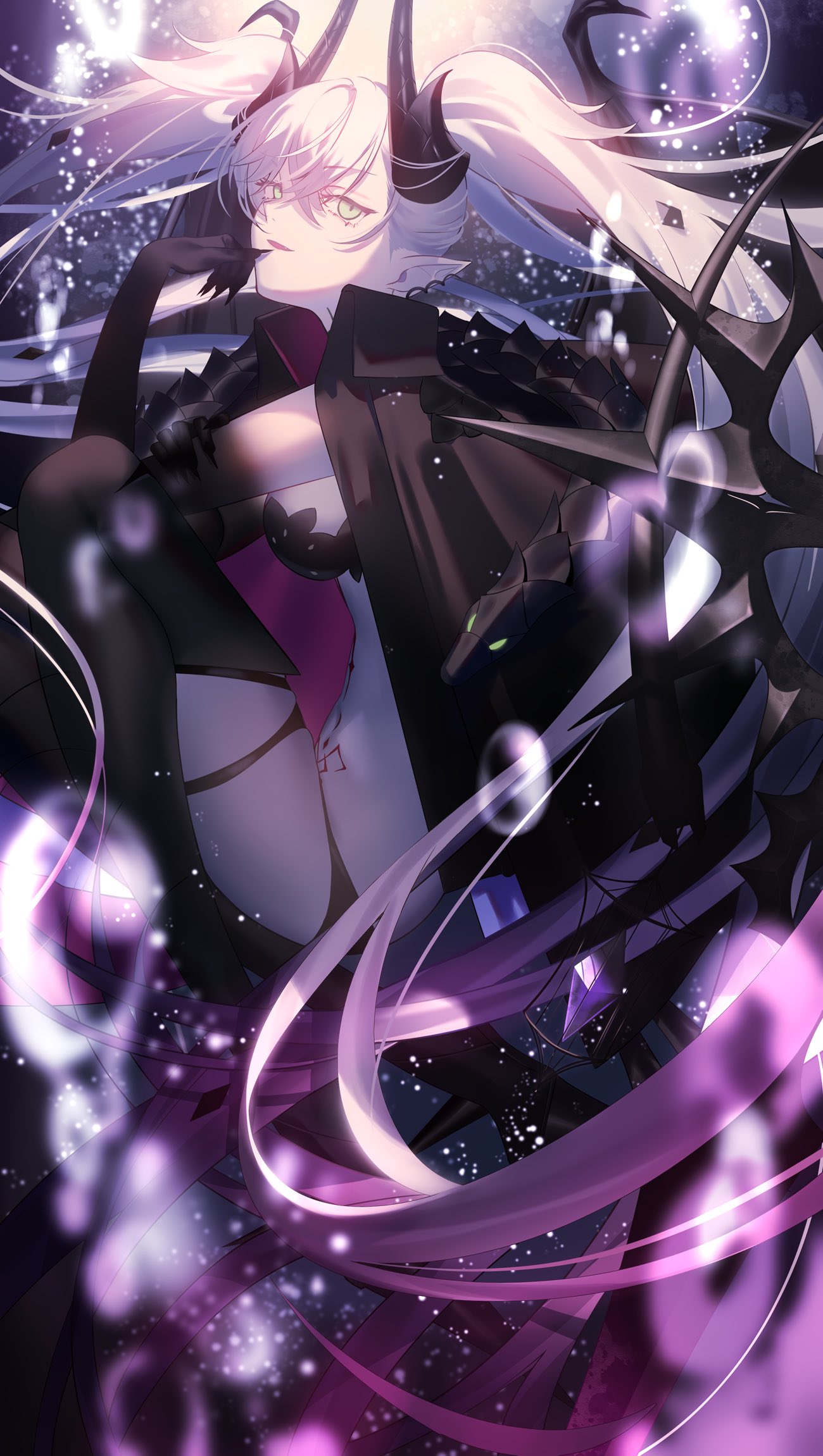 mashima saki (mashimasa), lilith (fate), lilith (second ascension) (fate), fate/grand order, fate (series), highres, 1girl, black cloak, black hands, black panties, black thighhighs, body markings, breasts, choker, cloak, colored extremities, crossed bangs, demon girl, demon horns, demon wings, ear piercing, green eyes, grey hair, hair between eyes, horns, long hair, looking at viewer, medium breasts, navel, oversized object, panties, parted lips, piercing, pointy ears, scissors, smile, solo, stomach tattoo, tattoo, thighhighs, thighs, twintails, underwear, very long hair, wings