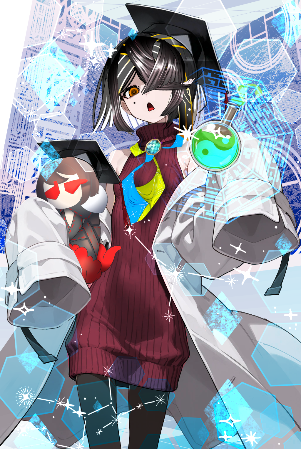 kitsunebi44410, xu fu (fate), fate/grand order, fate (series), highres, 1girl, bare shoulders, black hair, black pantyhose, breasts, brown eyes, coat, covered navel, dress, flask, hair over one eye, hat, lady yu doll, long sleeves, looking at viewer, mole, mole under eye, mortarboard, off shoulder, open mouth, pantyhose, red dress, round-bottom flask, short hair, sleeveless, sleeveless dress, small breasts, solo, sweater, sweater dress, thighs, white coat