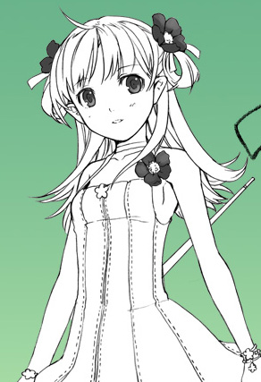h2so4, lowres, 1girl, dress, female focus, flower, gradient background, green background, long hair, monochrome, solo, twintails