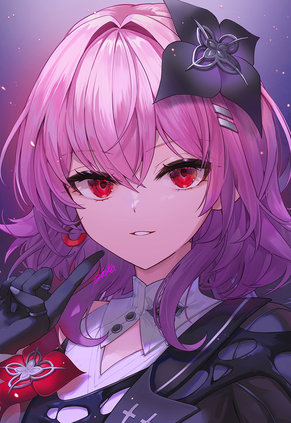 pioko, evernight (honkai: star rail), march 7th (honkai: star rail), honkai: star rail, honkai (series), highres, 1girl, black gloves, earrings, gloves, hair between eyes, hair ornament, hand up, jewelry, long hair, looking at viewer, official alternate costume, official alternate eye color, parted lips, pink hair, pointing, pointing at self, red eyes, ring, signature, single earring, smile, solo, upper body