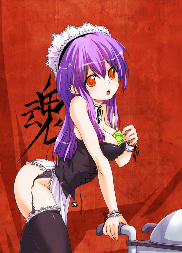 19, 19 (nin19), 1girl, breasts, camisole, cleavage, condom, corset, cuffs, female focus, garter belt, gradient hair, hairband, lingerie, long hair, maid, maid headdress, multicolored hair, open mouth, purple hair, red eyes, solo, thighhighs, underwear, wristband