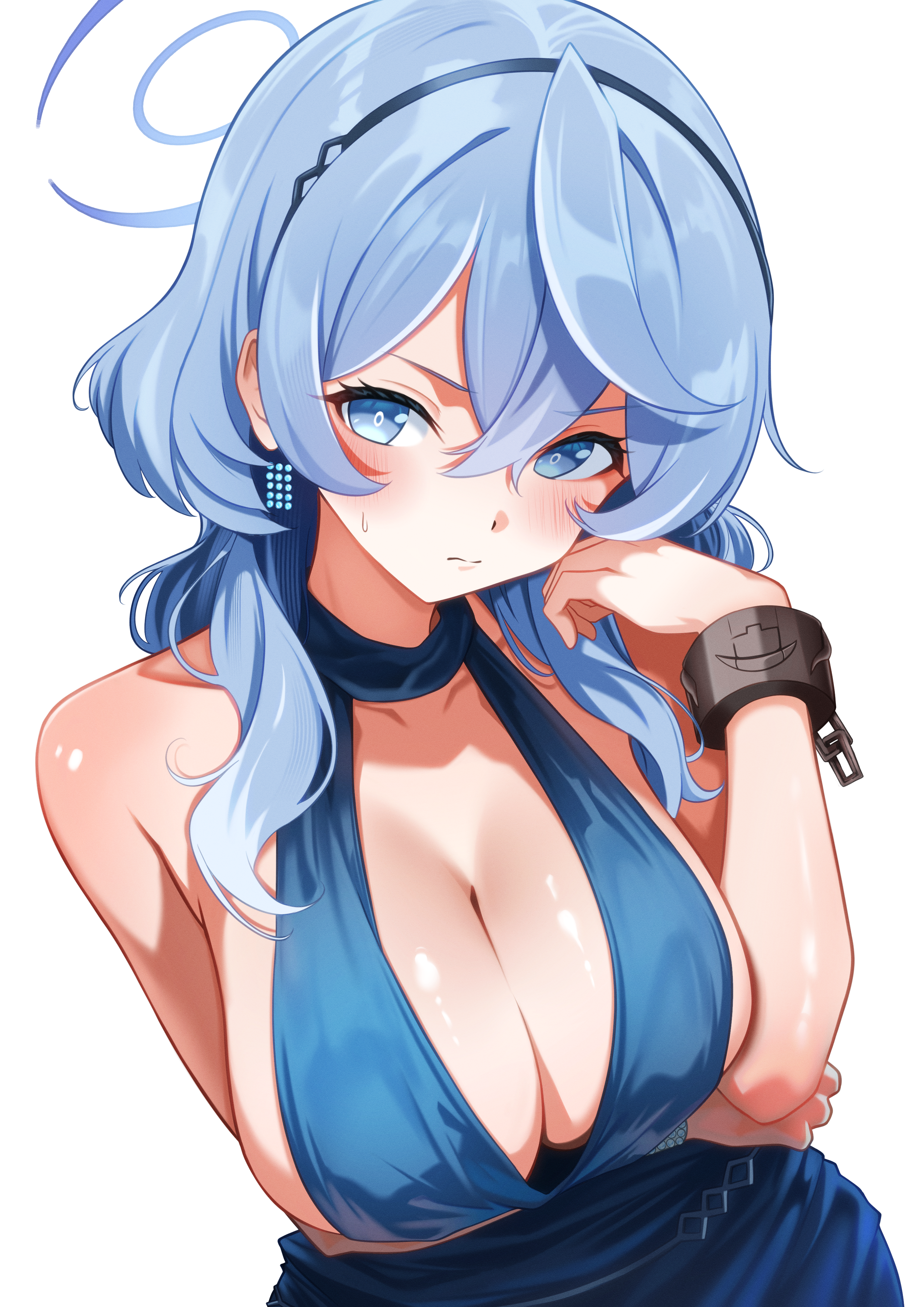 mn (tk-xyz), ako (blue archive), ako (dress) (blue archive), blue archive, absurdres, commentary request, highres, 1girl, arm under breasts, bare shoulders, blue dress, blue eyes, blue hair, blue hairband, blue halo, blush, breasts, cleavage, cleavage cutout, closed mouth, clothing cutout, crossed bangs, cuffs, double-parted bangs, dress, earrings, embarrassed, evening gown, formal clothes, hairband, halo, halter dress, halterneck, hand up, jewelry, large breasts, looking at viewer, medium hair, no bra, official alternate costume, shackles, sidelocks, simple background, sleeveless, sleeveless dress, solo, sweatdrop, white background