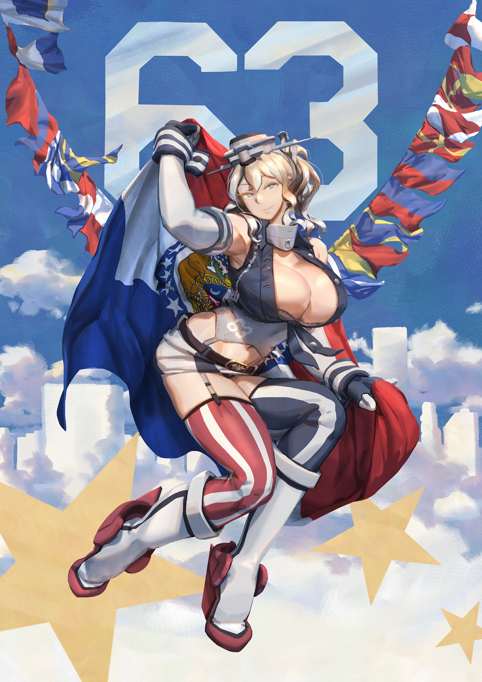 ye fan, uss missouri (bb-63) (personification), kantai collection, absurdres, highres, 1girl, asymmetrical legwear, blonde hair, blue eyes, blue thighhighs, breasts, bunting, elbow gloves, flag, full body, gloves, holding, holding flag, large breasts, long hair, missouri state flag, personification, ponytail, red thighhighs, rigging, signal flag, skirt, smile, solo, star (symbol), string of flags, striped clothes, striped thighhighs, thighhighs, two-tone thighhighs, vertical-striped clothes, vertical-striped thighhighs, white gloves, white thighhighs