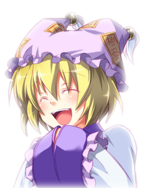 onemu, yakumo ran, touhou, bad id, bad pixiv id, 1girl, ^ ^, animal hat, blonde hair, blush, closed eyes, female focus, hands in opposite sleeves, hat, long sleeves, mob cap, open mouth, short hair, simple background, smile, solo, tassel, white background, wide sleeves