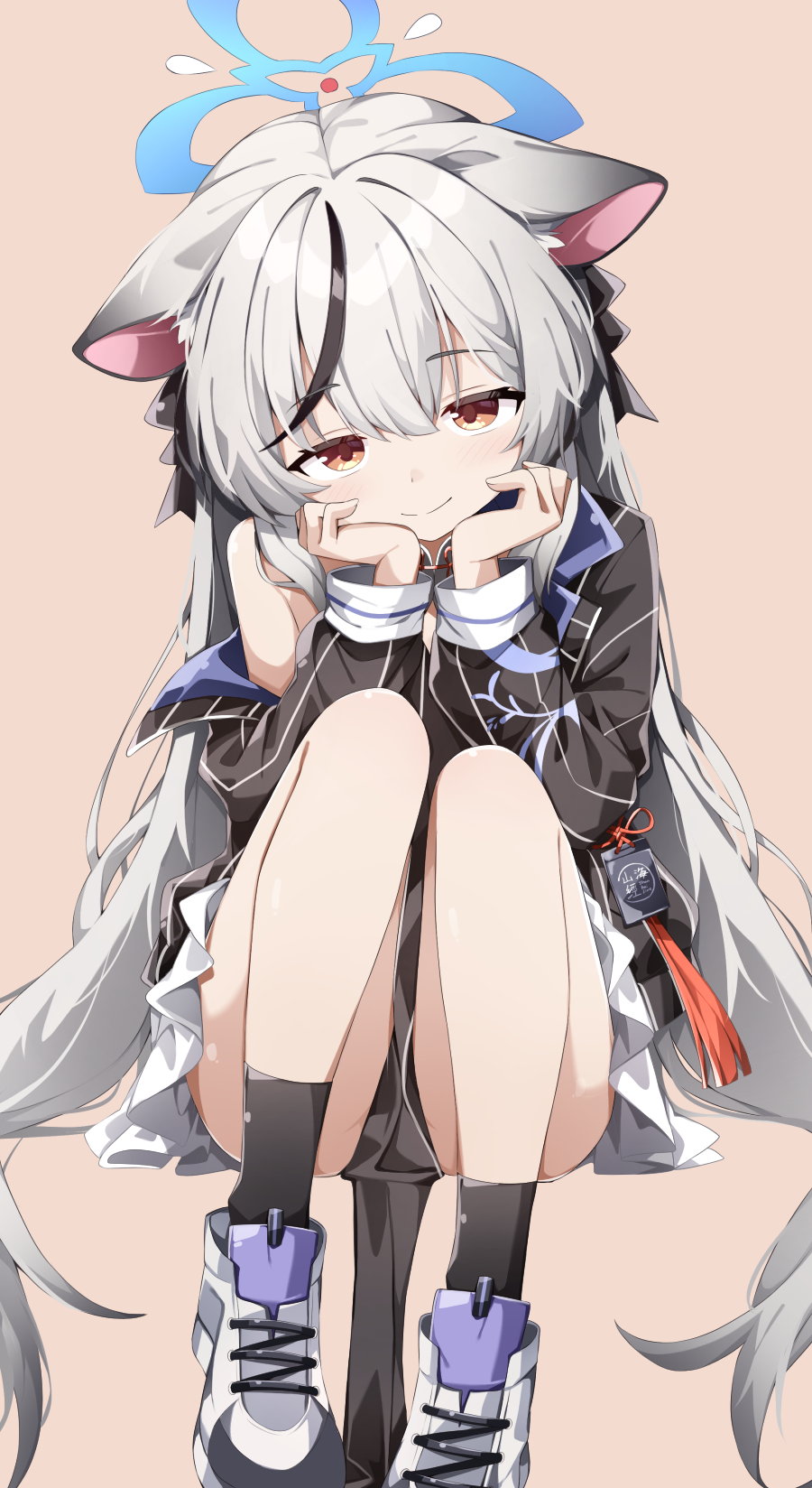 sabana, kokona (blue archive), blue archive, commentary, highres, 1girl, animal ears, bare shoulders, black hair, black socks, blue halo, brown background, brown eyes, closed mouth, dress, grey hair, halo, jacket, long hair, long sleeves, looking at viewer, multicolored hair, pelvic curtain, pinstripe jacket, pinstripe pattern, simple background, sitting, smile, socks, solo, streaked hair, striped clothes, striped jacket, tiger ears, tiger girl, two-tone hair, vertical-striped clothes, vertical-striped jacket
