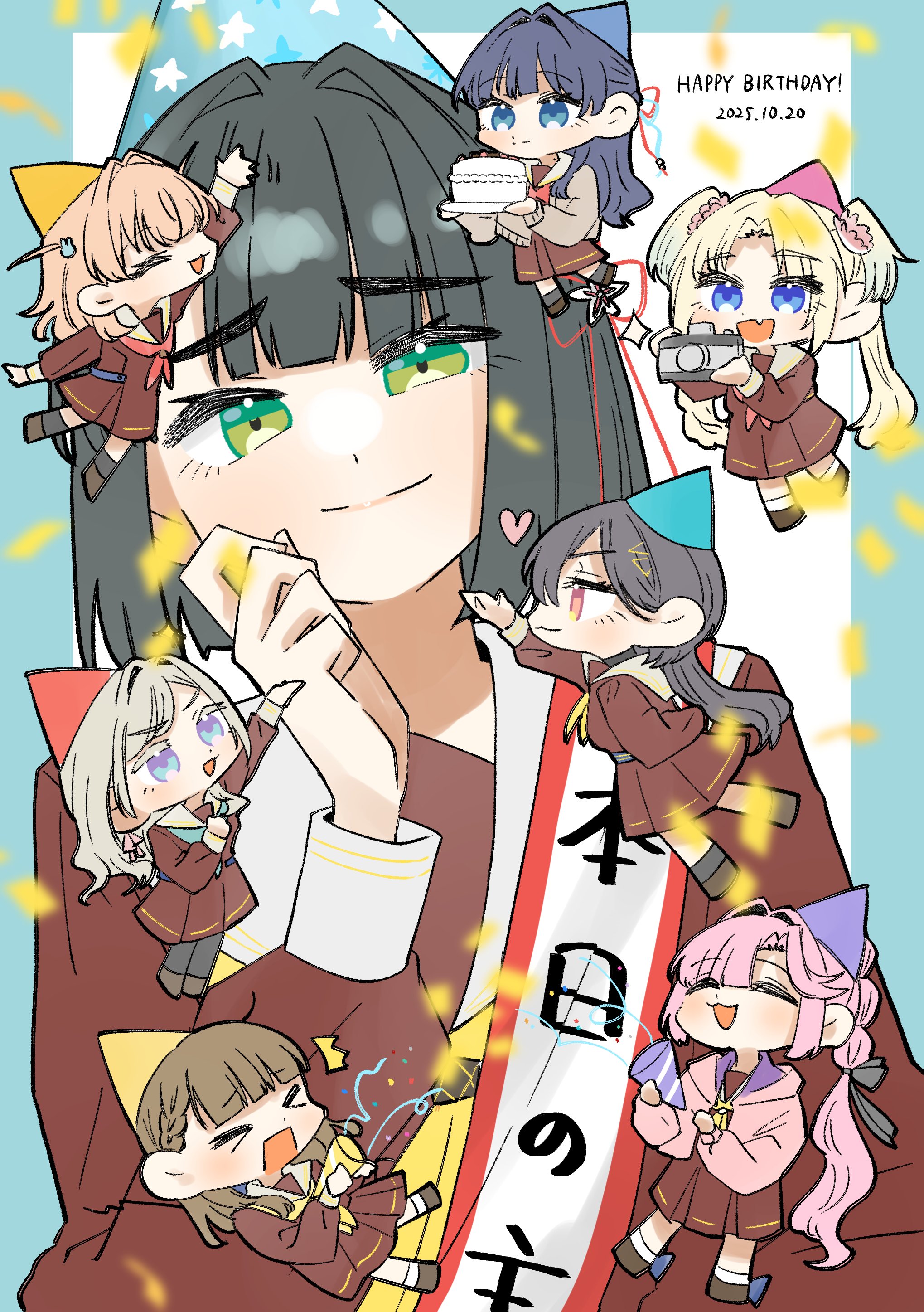 puripuri hurai, anyoji hime, ceras yanagida lilienfeld, hinoshita kaho, kachimachi kosuzu, katsuragi izumi, momose ginko, murano sayaka, osawa rurino, link! like! love live!, love live!, absurdres, commentary request, highres, 6+girls, :d, ^ ^, aqua hat, aqua neckerchief, birthday sash, black hair, blonde hair, blue eyes, blue hair, blue hat, blunt bangs, blunt ends, bob cut, braid, brown dress, brown hair, cake, camera, center-flap bangs, chibi, closed eyes, closed mouth, dress, fang, flower, food, grey hair, hair flower, hair intakes, hair ornament, hasu no sora school uniform, hat, headpat, heart, holding, holding cake, holding camera, holding food, holding party popper, hood, hooded jacket, jacket, jellyfish cut, long hair, long sleeves, medium dress, medium hair, mini person, minigirl, multi-tied hair, multiple girls, neckerchief, open clothes, open jacket, open mouth, orange hair, parted bangs, party hat, party popper, pink flower, pink hair, pink hat, pink jacket, pleated dress, ponytail, purple hat, rabbit hair ornament, raised inner eyebrows, red hat, red neckerchief, sailor collar, sailor dress, school uniform, short hair, side braids, skin fang, smile, split mouth, twintails, two side up, v-shaped eyebrows, virtual youtuber, white sailor collar, winter uniform, yellow hat, yellow neckerchief