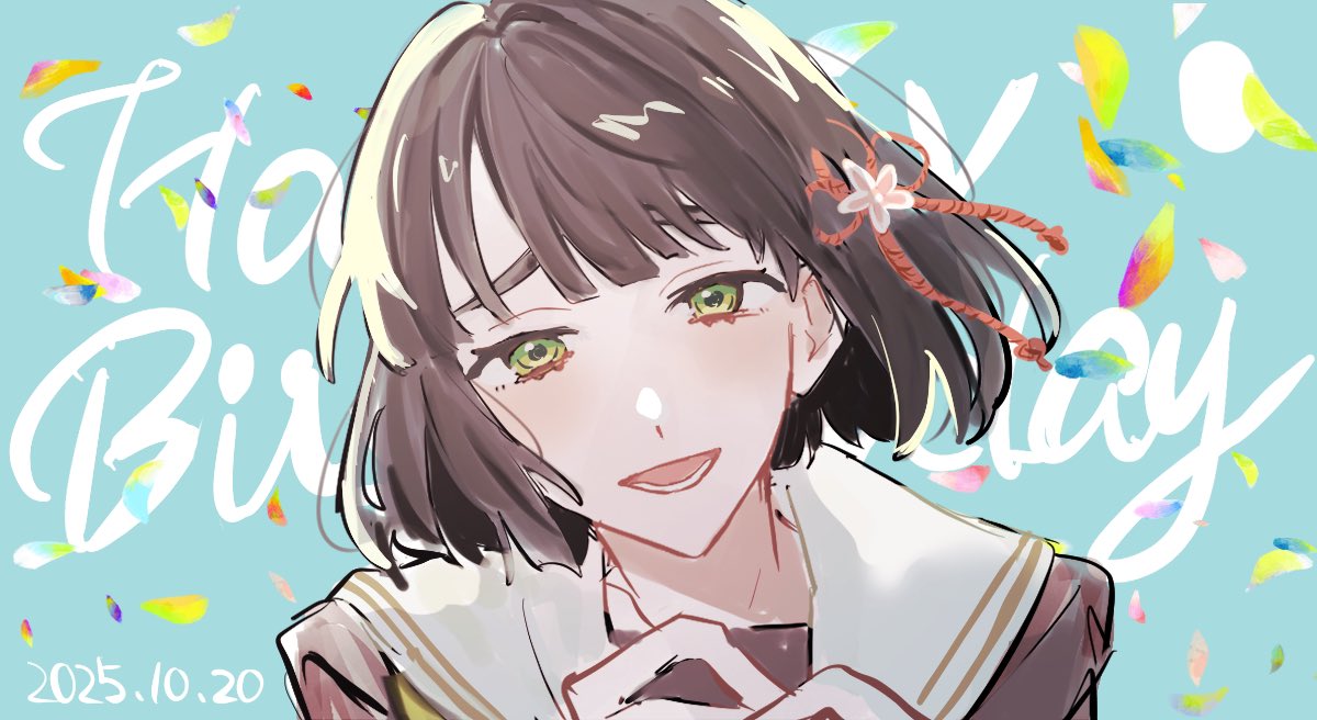 zuisetsu, momose ginko, link! like! love live!, love live!, commentary request, 1girl, black hair, blue background, blunt bangs, blunt ends, bob cut, dated, eyebrows hidden by hair, flower, flower knot, green eyes, hair flower, hair ornament, happy birthday, hasu no sora school uniform, looking at viewer, neckerchief, pink flower, portrait, raised inner eyebrows, sailor collar, school uniform, short hair, solo, text background, virtual youtuber, white sailor collar, winter uniform, yellow neckerchief