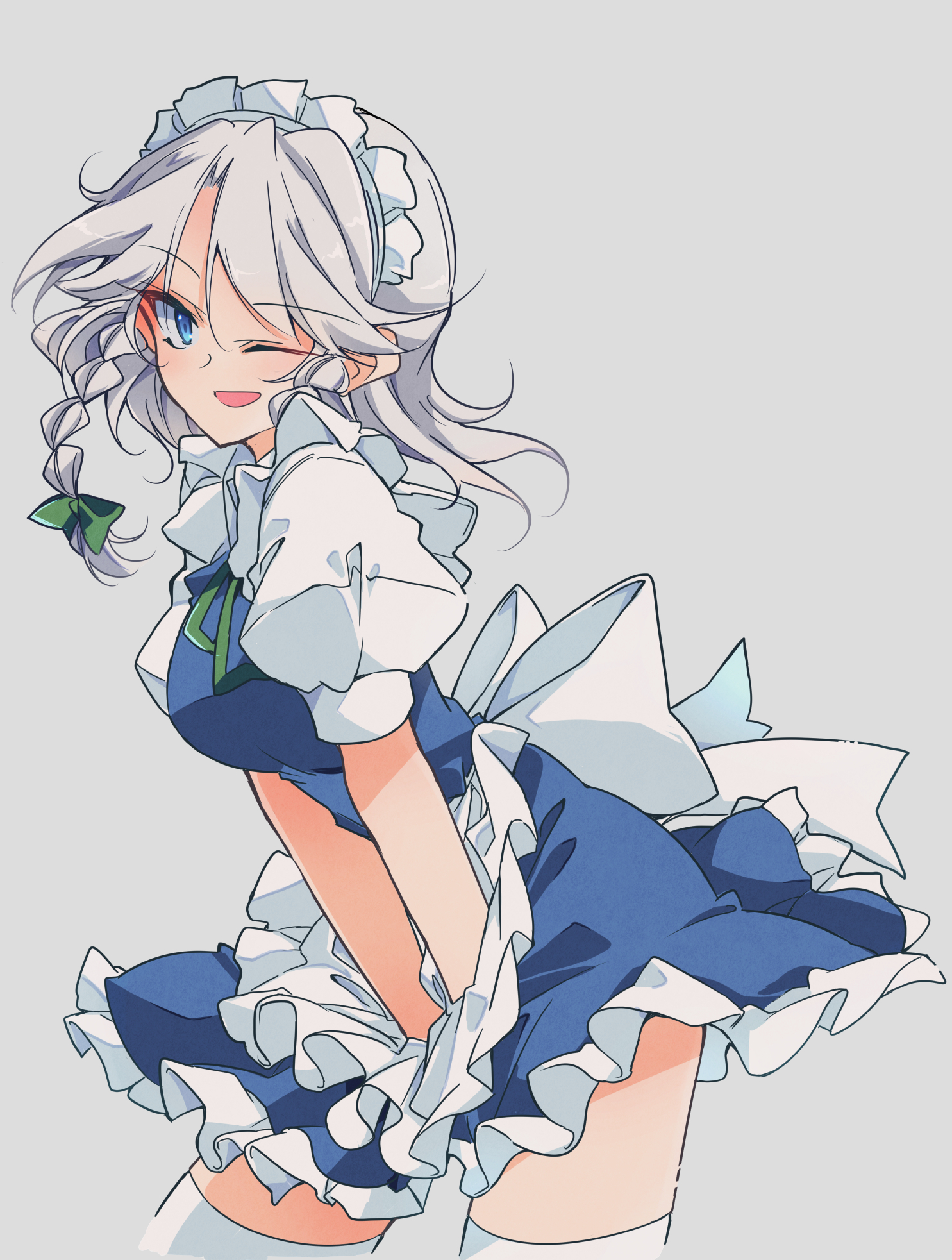 ichimura kanata, izayoi sakuya, touhou, commentary request, highres, 1girl, ;d, apron, back bow, blue dress, bow, braid, braided sidelock, breasts, cropped legs, dress, frilled apron, frills, green bow, green ribbon, grey hair, hair bow, looking at viewer, maid, maid apron, maid headdress, medium breasts, neck ribbon, one eye closed, open mouth, petticoat, puffy short sleeves, puffy sleeves, ribbon, shirt, short sleeves, simple background, smile, solo, thighhighs, twin braids, white apron, white shirt, white thighhighs, zettai ryouiki
