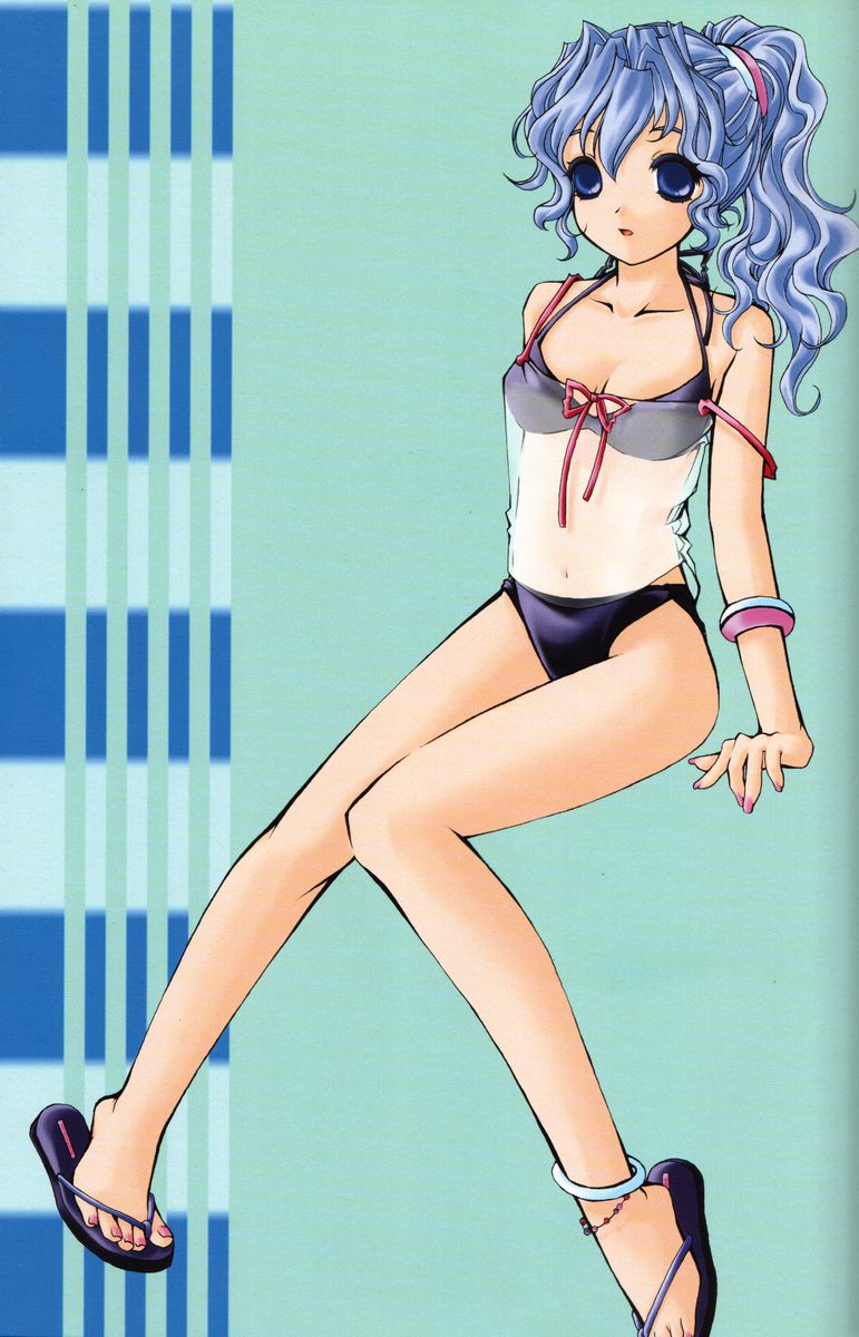 yuzuki (chobits), chobits, highres, 00s, 1girl, anklet, bikini, black bikini, blue eyes, blue hair, curly hair, feet, female focus, fingernails, flip-flops, jewelry, matching hair/eyes, nail polish, pink nails, ponytail, ribbon, sandals, see-through clothes, solo, swimsuit, toenail polish, toenails, transparent