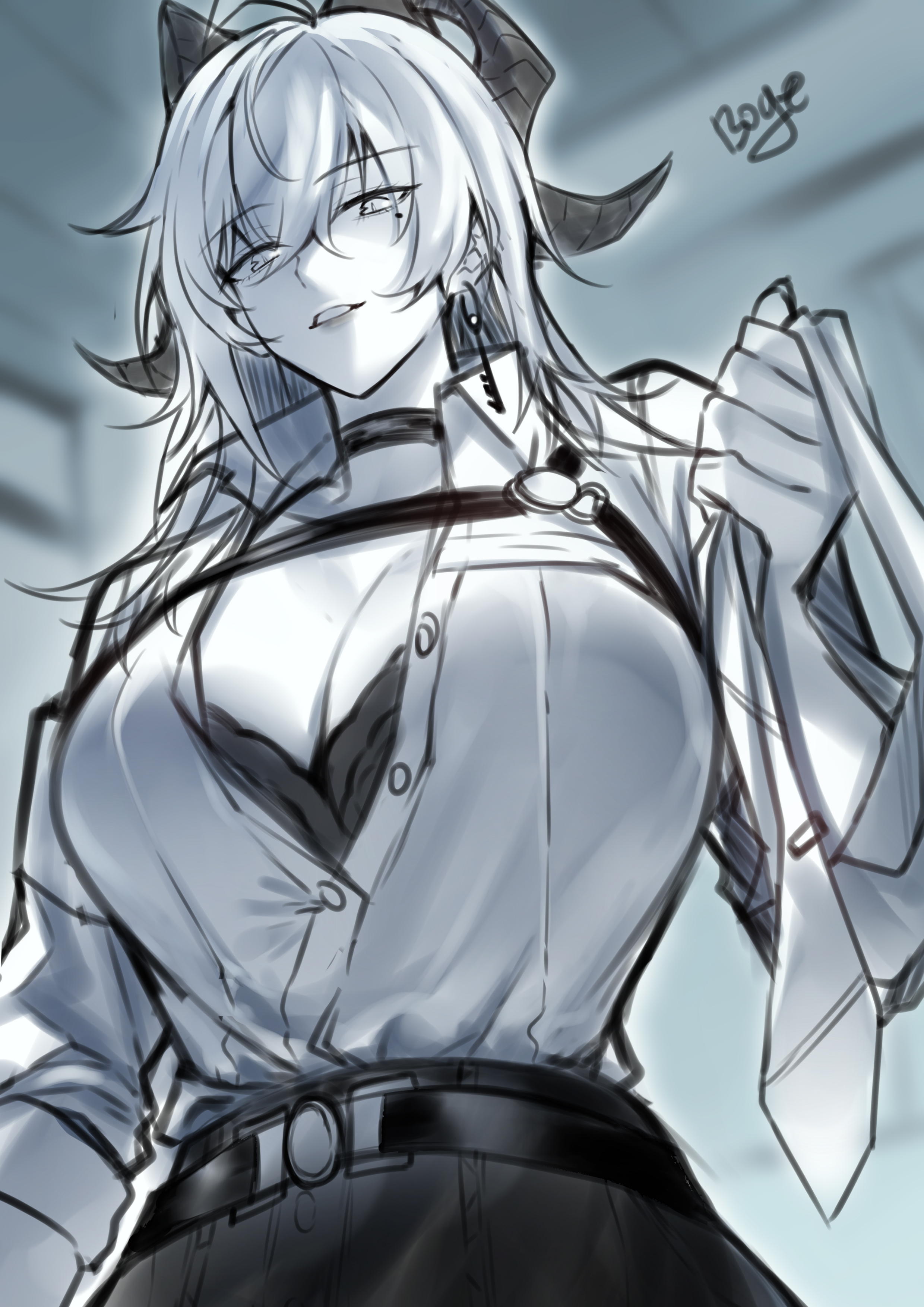 abiboge, zani (wuthering waves), wuthering waves, absurdres, commentary, english commentary, highres, 1girl, blurry, blurry background, bra, bra peek, breasts, chest harness, choker, cleavage, collared shirt, curled horns, earrings, greyscale, hair between eyes, harness, holding necktie, horns, huge breasts, indoors, jewelry, key earrings, looking at viewer, mole, mole under eye, monochrome, parted lips, partially unbuttoned, shirt, shirt tucked in, smile, solo, underwear