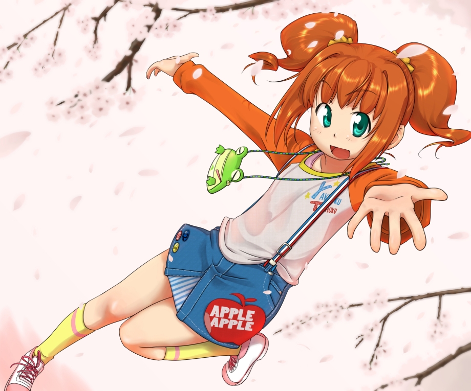 ttomm, takatsuki yayoi, idolmaster, idolmaster (classic), 00s, 1girl, brown hair, cherry blossoms, dutch angle, female focus, kneehighs, outstretched arms, petals, petite, pop socks, popsocks, raglan sleeves, shoes, socks, solo, spread arms, suspenders, twintails