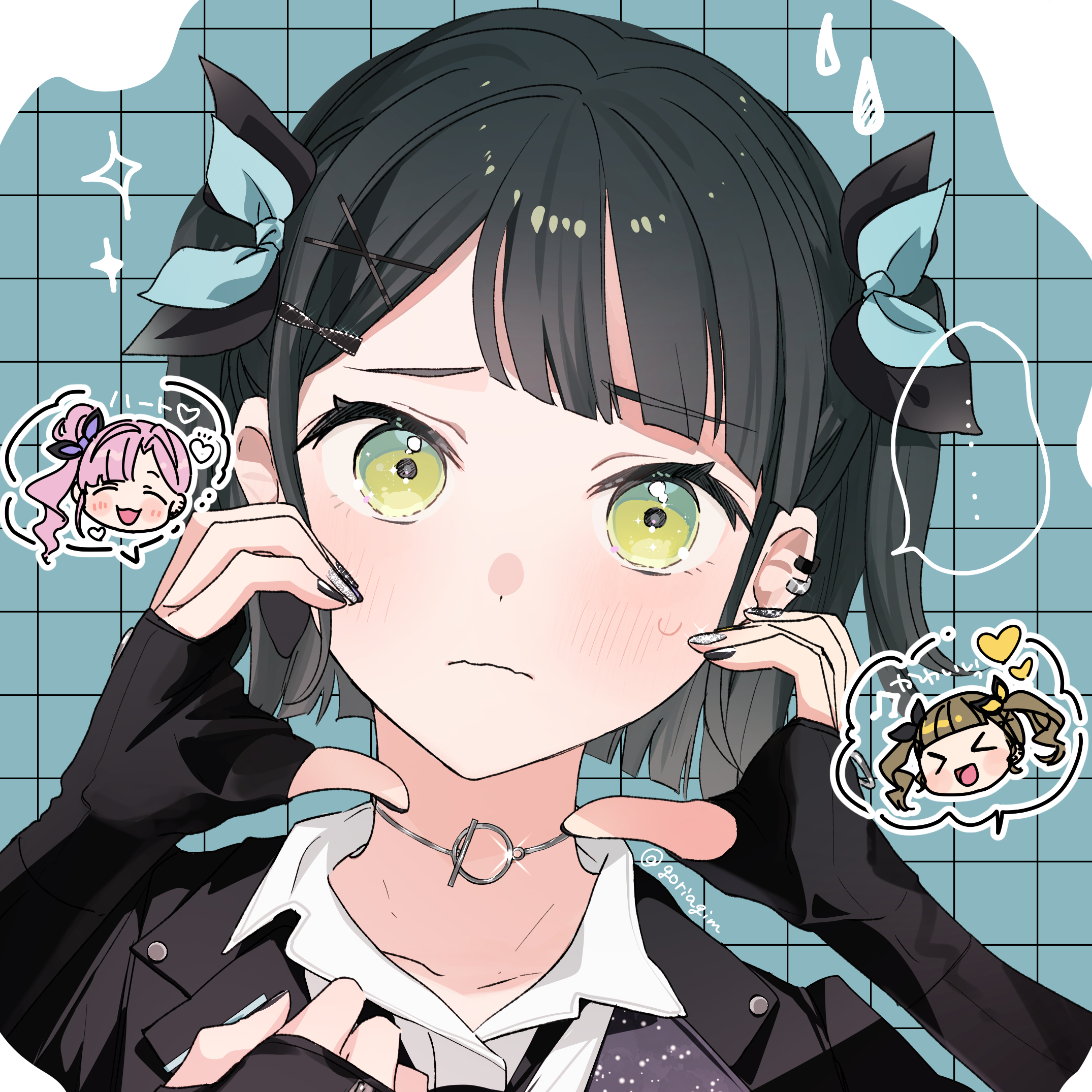 gimtaro, anyoji hime, kachimachi kosuzu, momose ginko, link! like! love live!, love live!, commentary request, highres, > <, …, 3girls, :3, :d, ^ ^, blue background, blush, brown hair, chibi, chibi inset, closed eyes, collared shirt, dress shirt, embarrassed, frown, grid background, hair bun, heart, heart hands, i do me! (love live!), looking at viewer, multiple girls, official alternate costume, official alternate hairstyle, open mouth, portrait, raised inner eyebrows, shirt, side ponytail, single side bun, smile, solo focus, sparkle, spoken ellipsis, twintails, two side up, virtual youtuber, wavy mouth, white shirt, xd