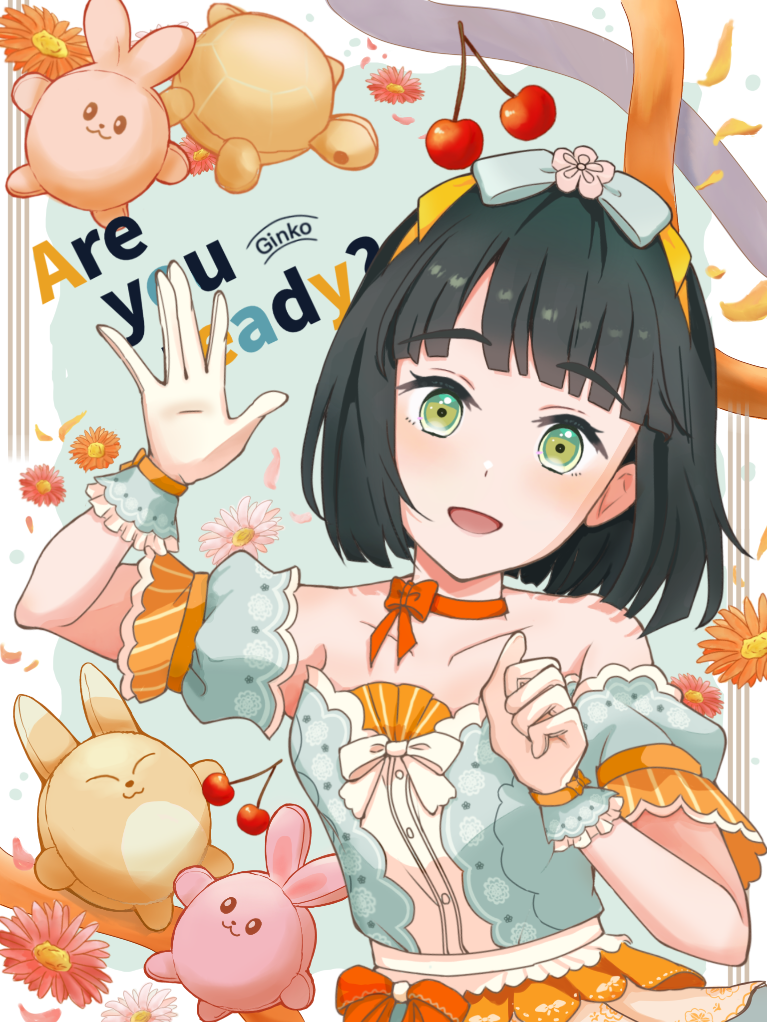 momose ginko, link! like! love live!, love live!, commentary, highres, 1girl, arm up, bare shoulders, black hair, blue background, blue dress, blue ribbon, blunt bangs, blunt ends, bob cut, bow, bow choker, bow hairband, celebration! (love live!), chamomile tea38, character name, cherry, choker, collarbone, detached sleeves, dress, english text, flower hairband, food, frilled gloves, frills, fruit, gloves, hair ribbon, hairband, looking at viewer, official alternate costume, orange bow, orange ribbon, puffy short sleeves, puffy sleeves, ribbon, ribbon choker, short hair, short sleeves, solo, strapless, strapless dress, stuffed animal, stuffed fox, stuffed rabbit, stuffed toy, upper body, virtual youtuber, white gloves