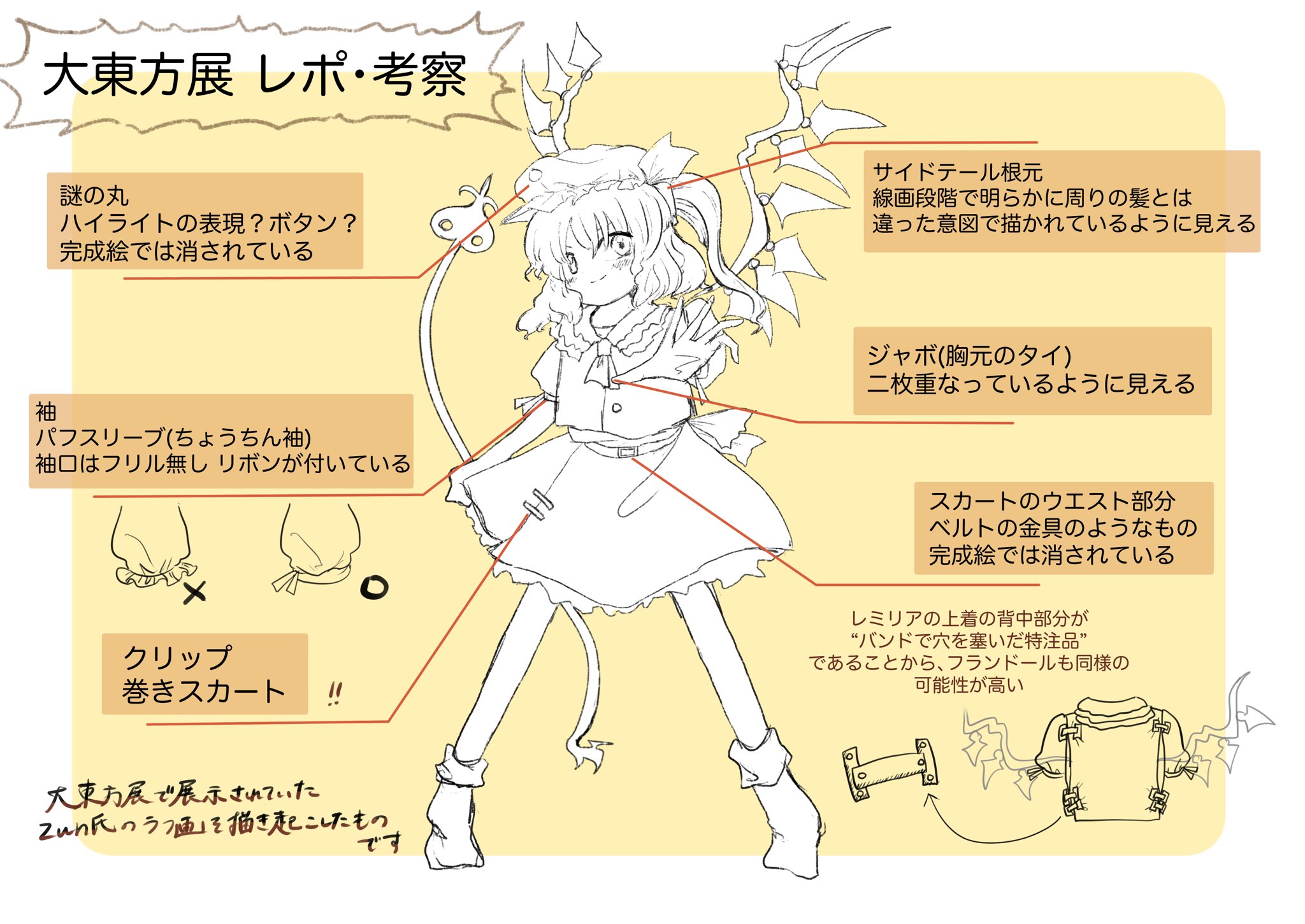 fleuriste, zun (artist), flandre scarlet, touhou, commentary request, highres, 1girl, ascot, bow, collared shirt, frilled shirt collar, frilled sleeves, frills, full body, hat, hat bow, laevatein (touhou), medium hair, mob cap, one side up, outstretched arm, parody, pointing out the details, puffy short sleeves, puffy sleeves, reference sheet, shirt, short sleeves, sketch, skirt, skirt set, solo, spread legs, standing, vest, white background, white hat, wings, zun pose