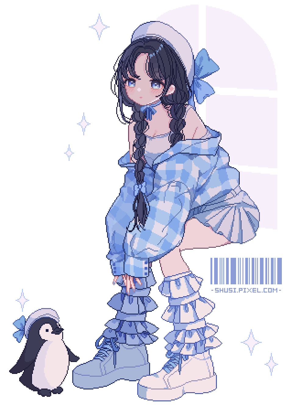 shusi (6muuu3), original, highres, 1girl, animal, armpit crease, barcode, beret, bird, black hair, blue bow, blue choker, blue eyes, blue jacket, blush, bow, bow choker, braid, breasts, checkered clothes, checkered jacket, choker, cleavage, closed mouth, frills, hat, jacket, kneehighs, long hair, looking at viewer, parted bangs, penguin, pleated skirt, shirt, shoes, sitting, skirt, sneakers, socks, solo, star (symbol), white background, white hat, white shirt, white shoes