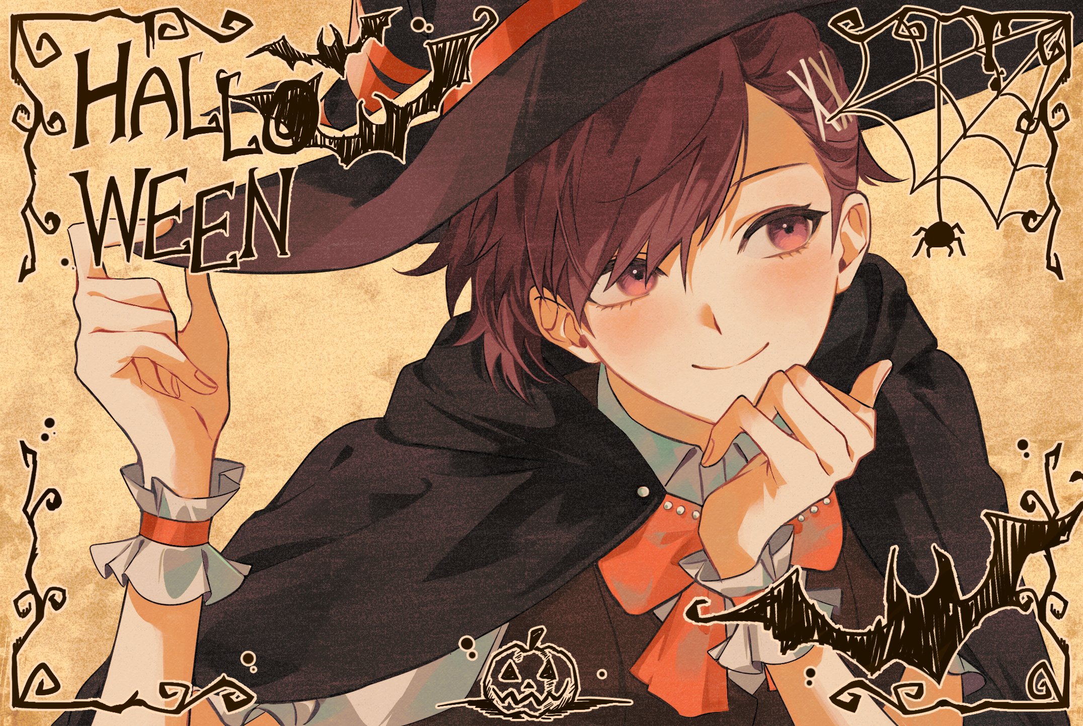 mnce o, shiomi kotone, persona, persona 3, persona 3 portable, commentary, highres, symbol-only commentary, 1girl, black cape, black hat, bow, brown background, brown vest, cape, closed mouth, hair ornament, hairclip, halloween, halloween costume, hand on headwear, hat, large hat, looking to the side, orange bow, portrait, red eyes, red hair, shirt, short hair, short sleeves, smile, solo, vest, white shirt, white wrist cuffs, witch hat, wrist cuffs