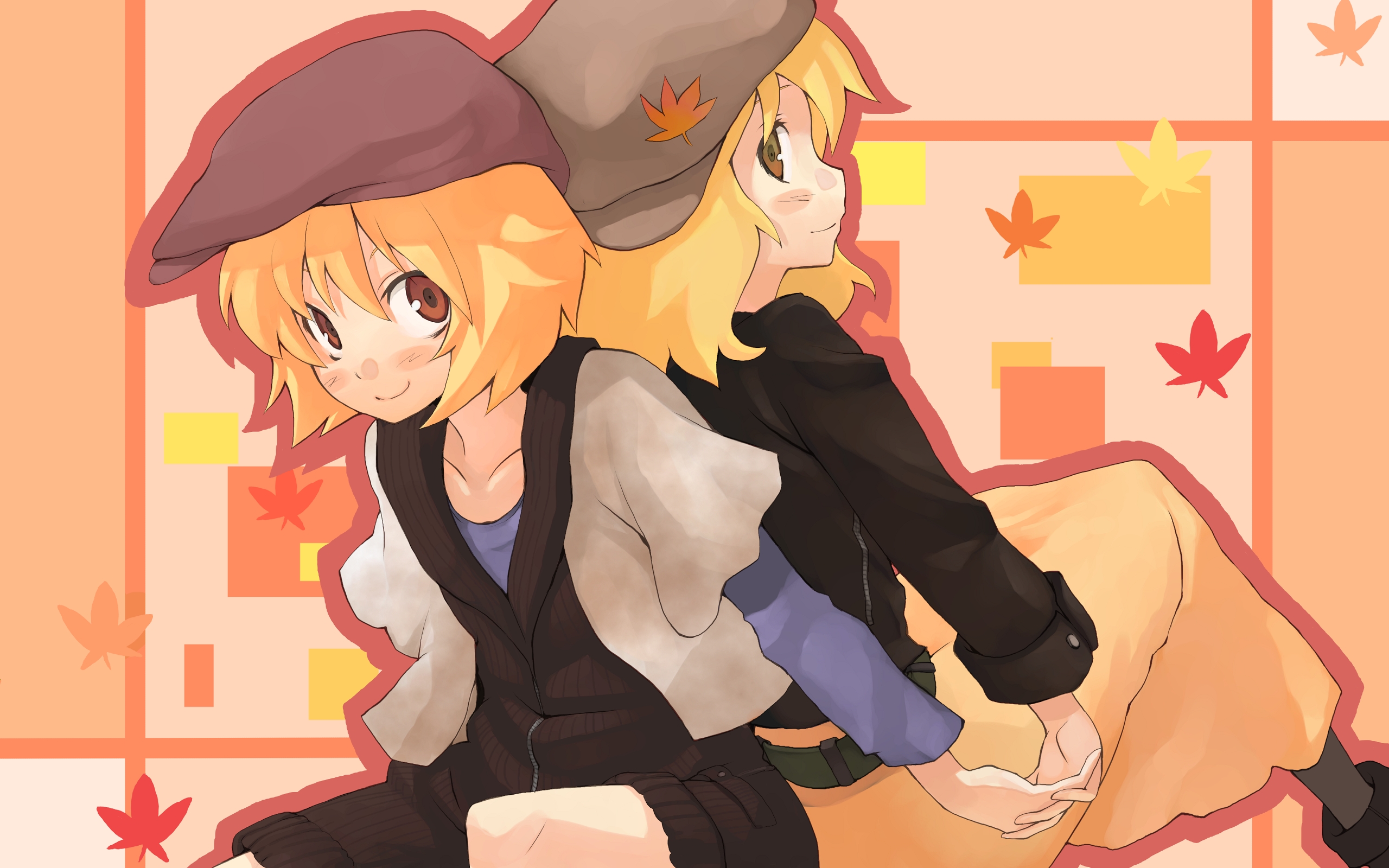 morino hon, aki minoriko, aki shizuha, touhou, highres, 2girls, alternate costume, casual, contemporary, female focus, hat, holding hands, leaf, multiple girls, siblings, sisters