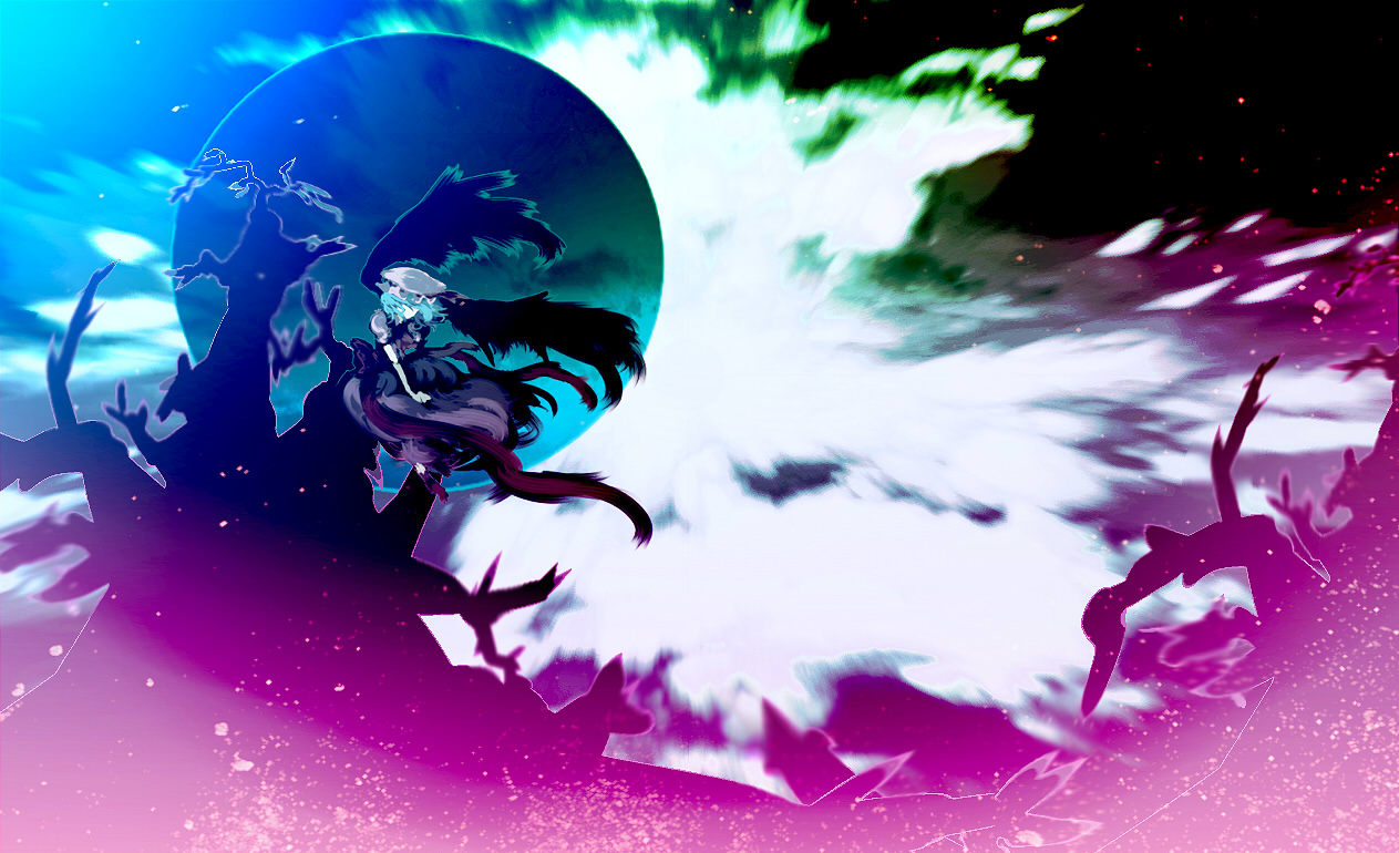 yoshioka yoshiko, remilia scarlet, touhou, bad id, bad pixiv id, 1girl, black wings, blue hair, branch, cloud, cloudy sky, female focus, hat, moon, outdoors, sky, solo, tree, wings
