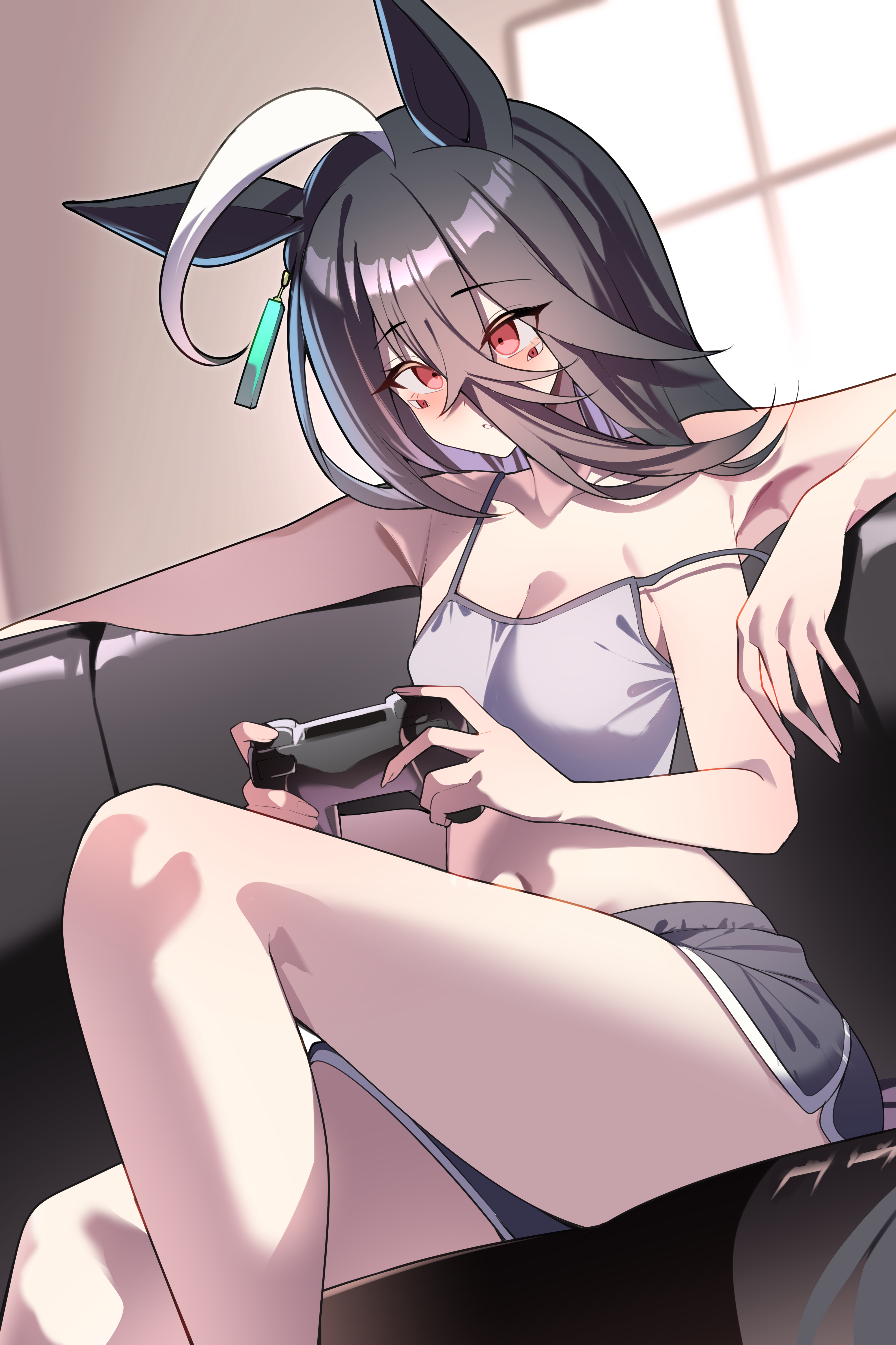 smoke klll, manhattan cafe (umamusume), umamusume, absurdres, highres, 1girl, animal ears, armpits, bare arms, bare shoulders, black hair, blush, breasts, closed mouth, controller, dolphin shorts, extra arms, extra eyes, game controller, grey shorts, hair between eyes, holding, holding controller, holding game controller, horse ears, horse girl, long hair, navel, purple tank top, short shorts, shorts, sitting, solo, stomach, tank top