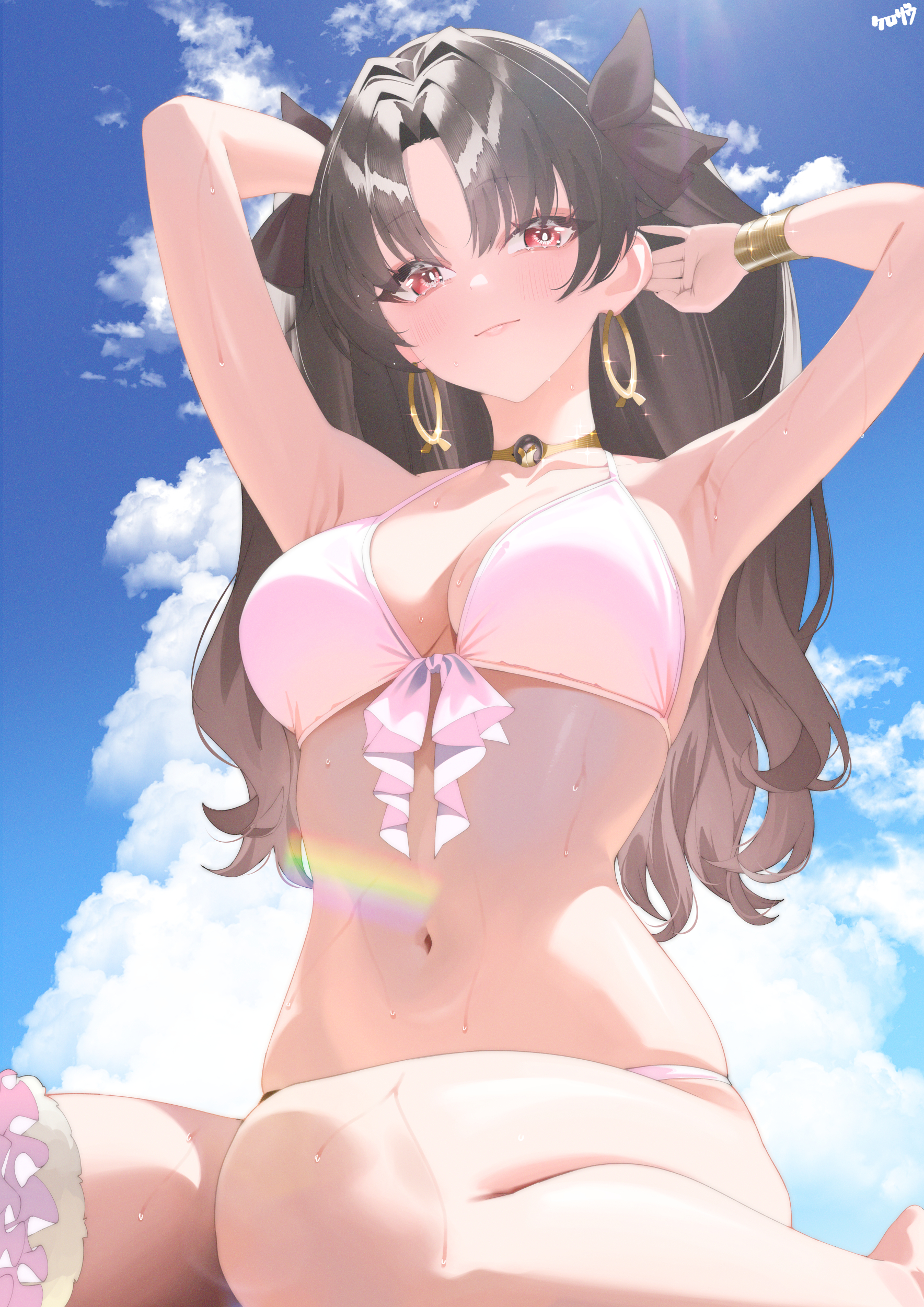 kurozawa yui, ishtar (fate), fate/grand order, fate (series), absurdres, highres, 1girl, alternate breast size (larger), bare shoulders, bikini, black hair, blush, breasts, cleavage, earrings, hair ribbon, halterneck, hoop earrings, jewelry, large breasts, long hair, looking at viewer, navel, parted bangs, red eyes, ribbon, solo, string bikini, swimsuit, two side up, white bikini